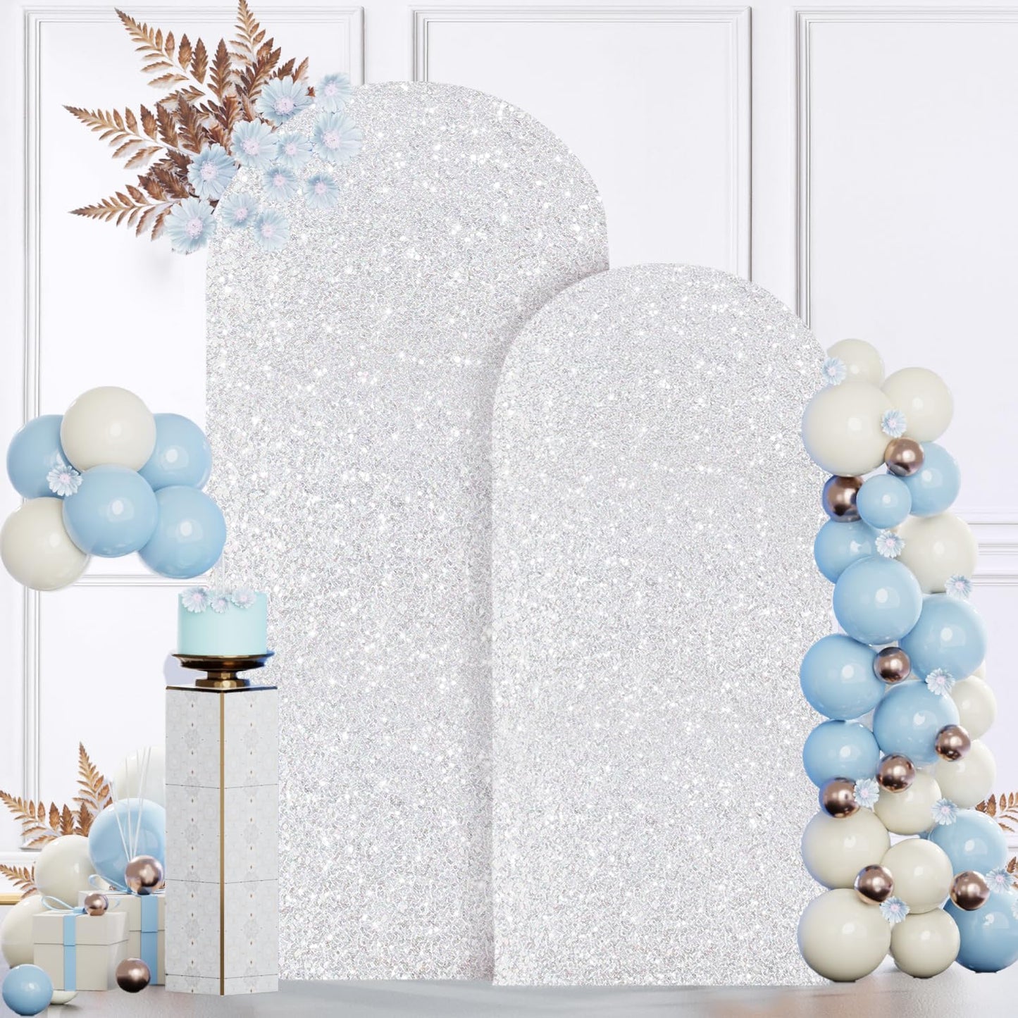 MODFUNS Metal Arch Backdrop Stand and Cover Set 6&7.2ft Silver Sequins Arch Cover Set of 2 Metal Arch Frame with Covers Balloon Arch Stands for Wedding Ceremony Banqet Party Reception