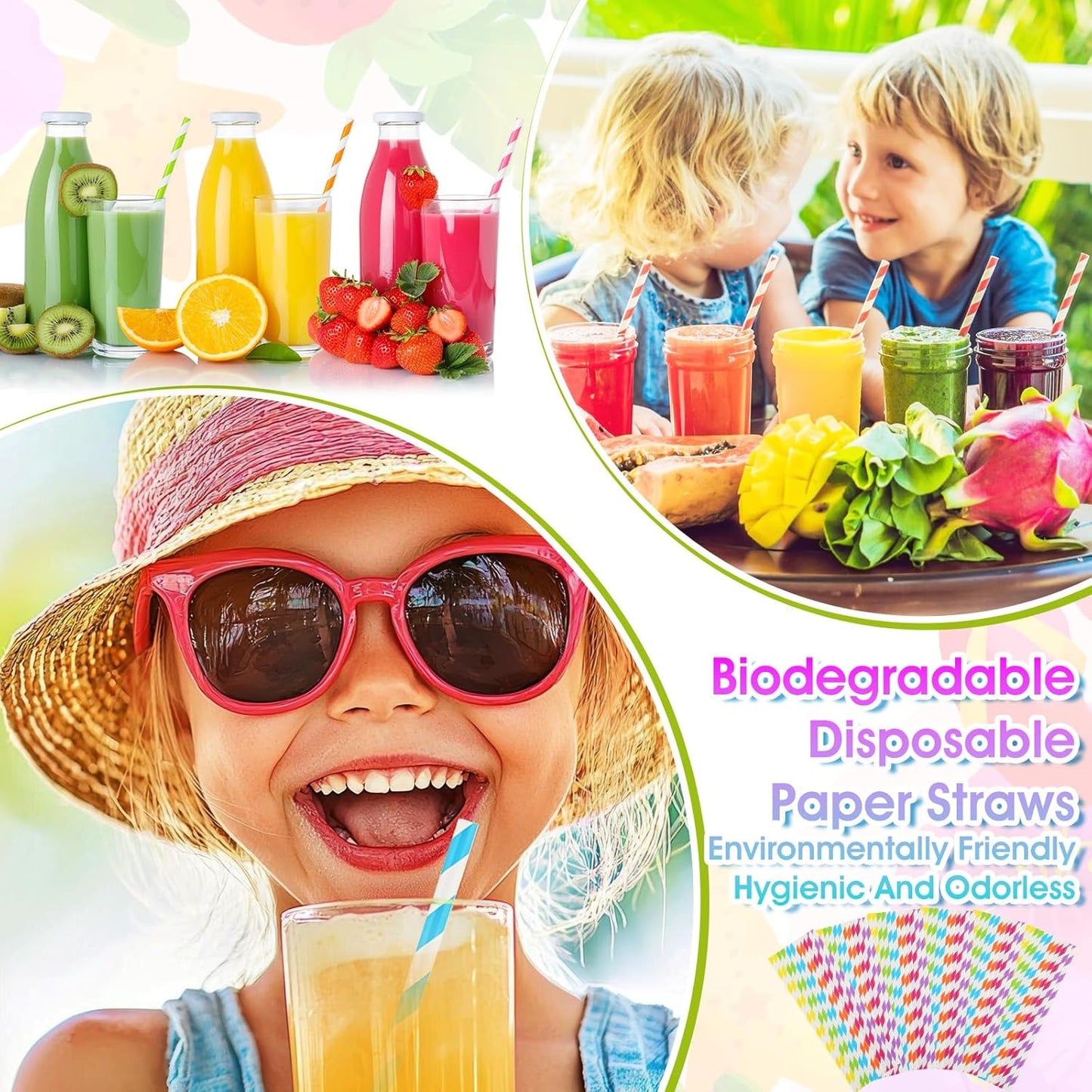 [1200 Pack] Striped Paper Drinking Straws，Sturdy & Non-Soggy，Food-Safe Ink, and Multi-Layered for Long-Lasting Use，Vibrant Assorted Colors for Summer Juice, Shakes, Cocktail,7.87 Inches