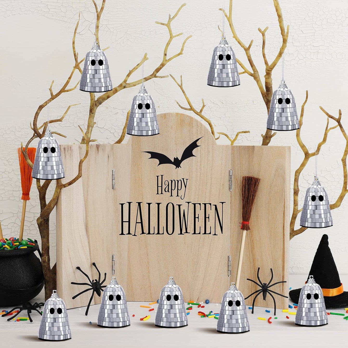 12 Pcs Halloween Disco Ghosts Decor Halloween Ornament Silver Mirror Disco Skeleton Tabletop Centerpiece for Holiday Cosplay Home Props Gift Party Decorations (Sliver)