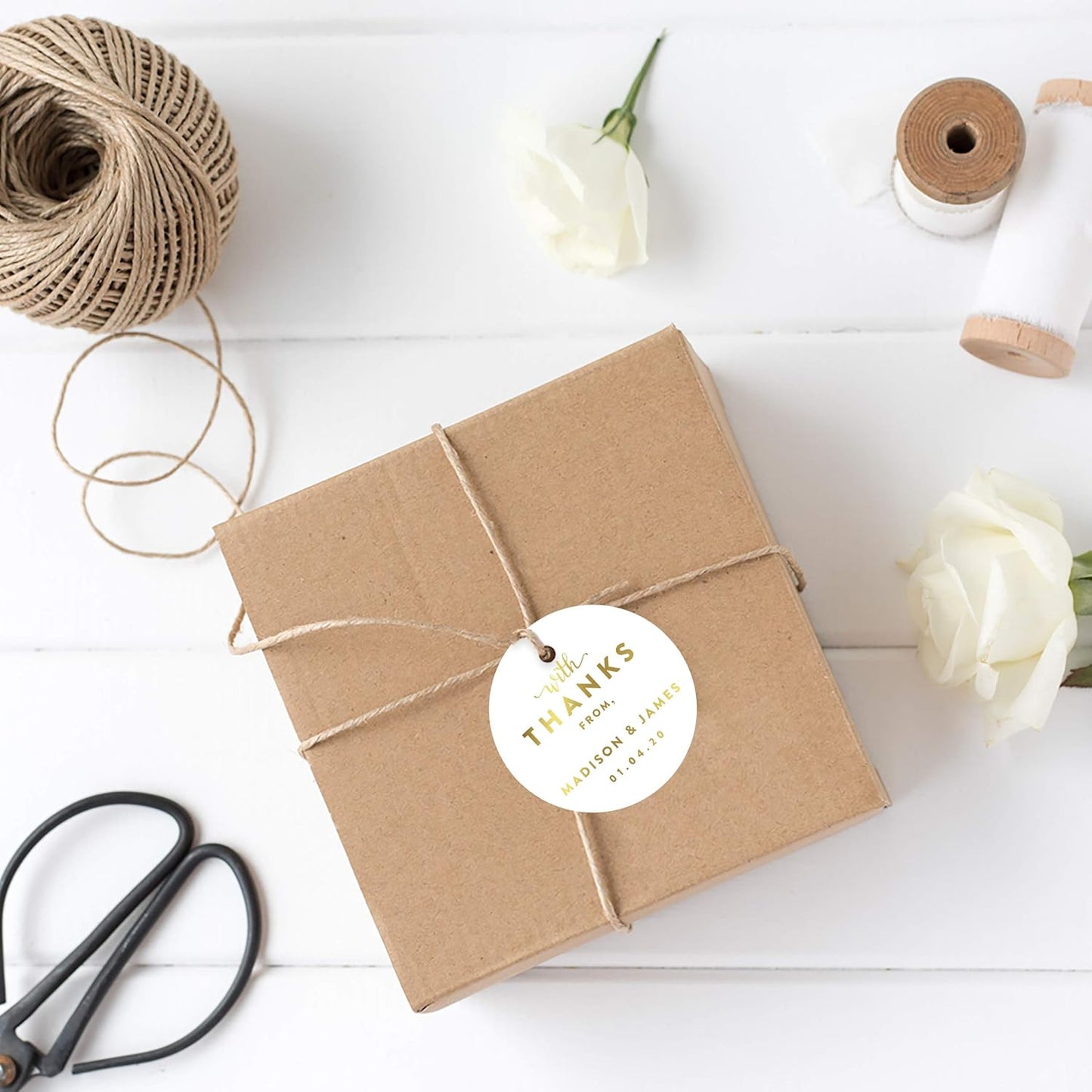 Andaz Press Personalized Round Circle Wedding Gift Tags, Metallic Gold Ink, with Thanks from, 24-Pack, Custom Made Any Name