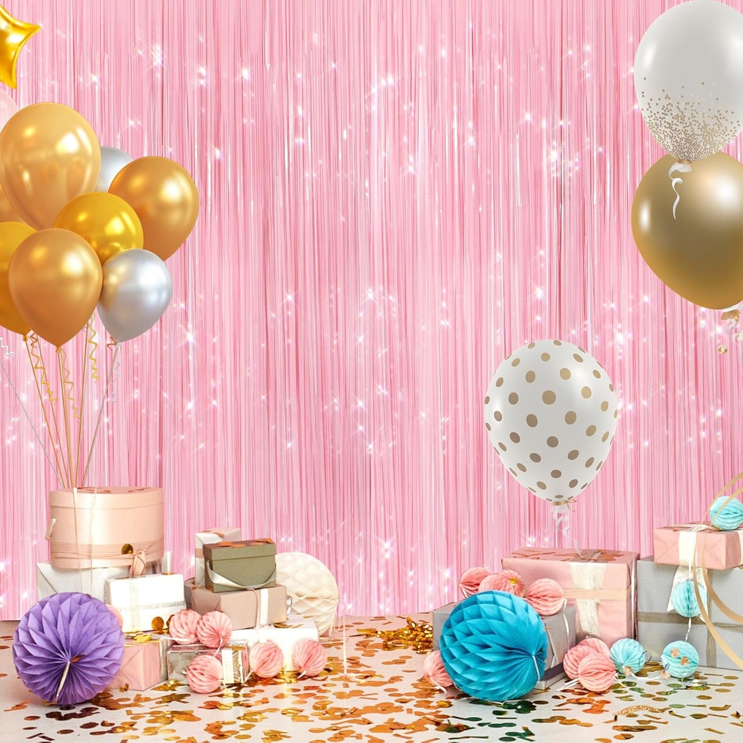 2Pack Pastel Pink Metallic Tinsel Foil Fringe Curtains, Pink Backdrop, Door Streamers Photo Booth Backdrop for Birthday Party, Tinsel Curtain Backdrop for Shower Bachelorette Xmas Party Decorations