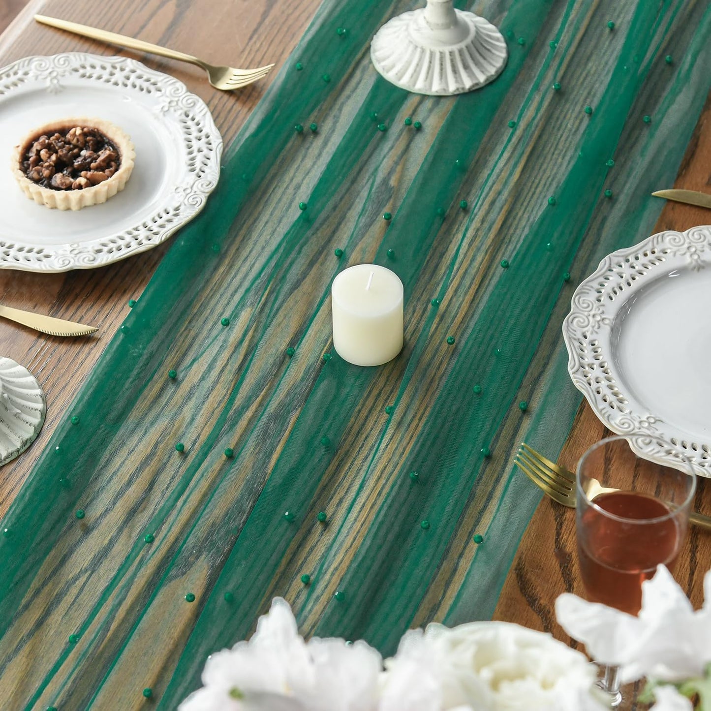 Artoid Mode Pearl Dark Green Gauze Table Runner 59x120 Inch , Seasonal Sheer Kitchen Dining Holiday Wedding Birthday Baby Shower Table Decor for Home Party