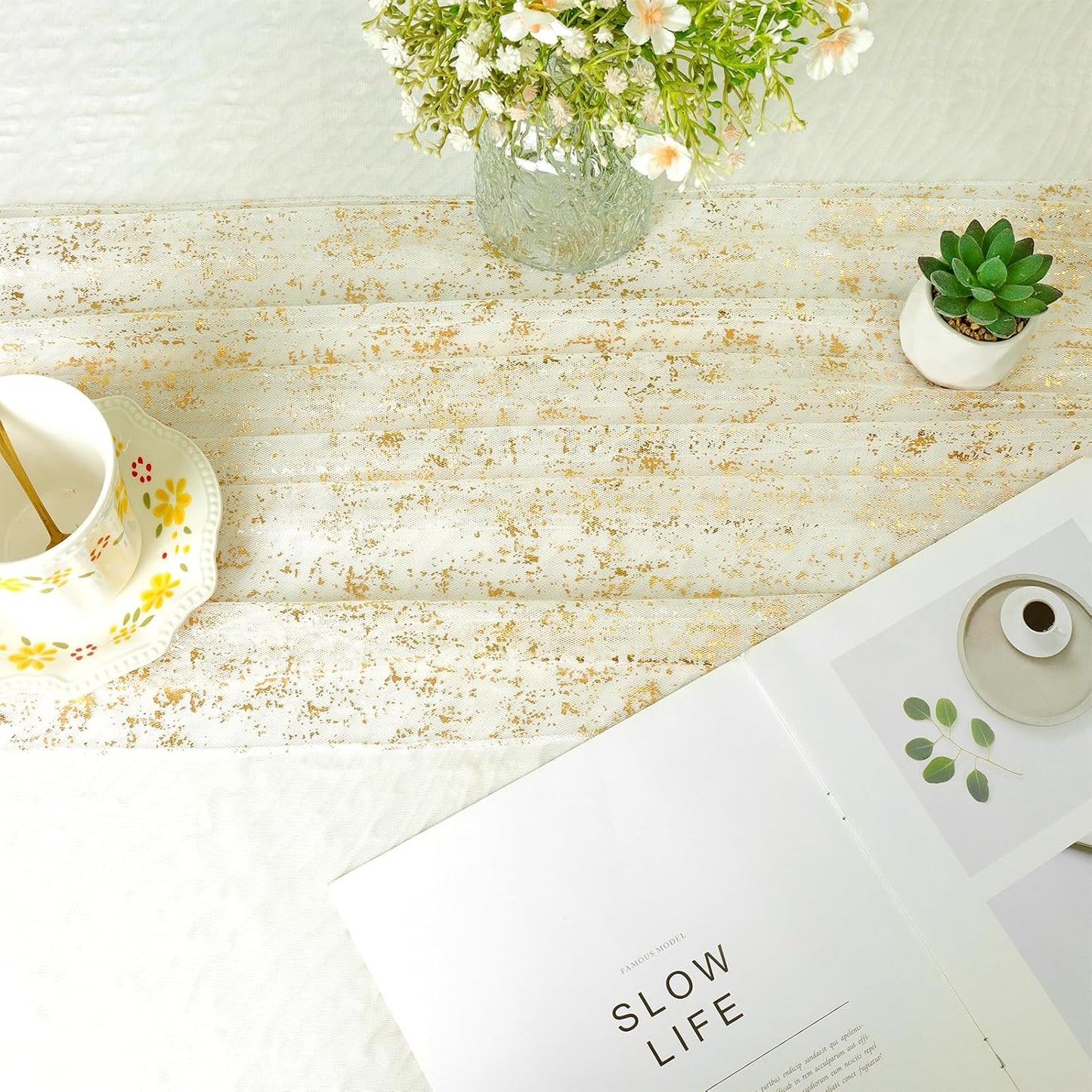 LOMOHOO 10 Ft Gold Table Runner, Golden Sheer Sequin Table Runners 120 Inches Long Glitter Metallic Foil Lace Fabric Table Decor for Birthday Party Wedding Anniversary Centerpiece (4pcs)