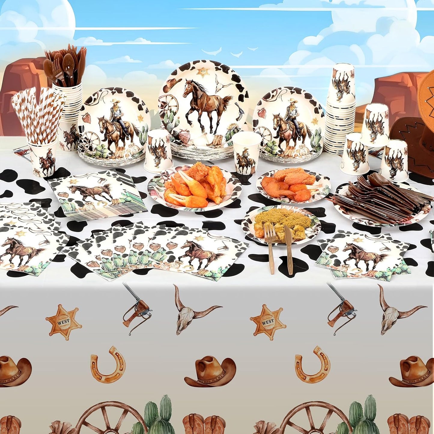452 Pcs Western Birthday Party Decorations for 50, Western Cowboy Paper Plates Cups Napkins Tablecloth Cutlery Straws Cowboy Tableware for Wild West Horse Rodeo Birthday Party Supplies