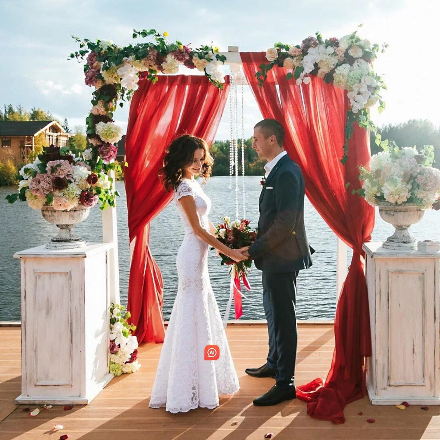 VOK Red Wedding Arch Draping Fabric Chiffon Fabric, 29in x 18Ft Sheer Chiffon Outdoor Curtain for Wedding Ceremony Birthday Party Decoration (Red,1 Panel)