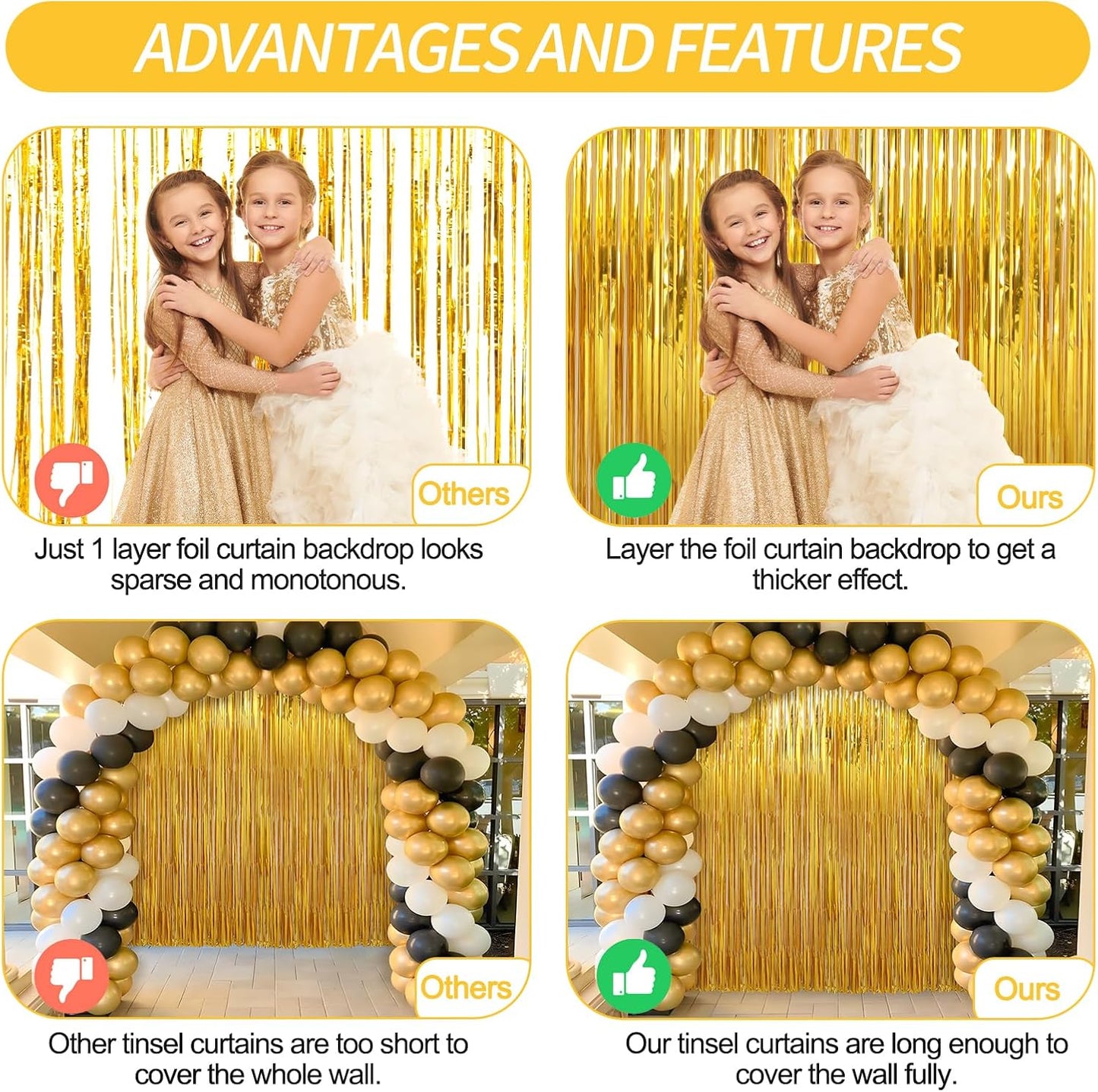 3 Pack Gold Foil Fringe Curtains Streamers Party Decorations 3.3 x 8.2 ft, Gold Tinsel Curtain Fringe Backdrop for Parties, Door Fringe Birthday Streamers, Photo Booth Backdrops, Party Decor