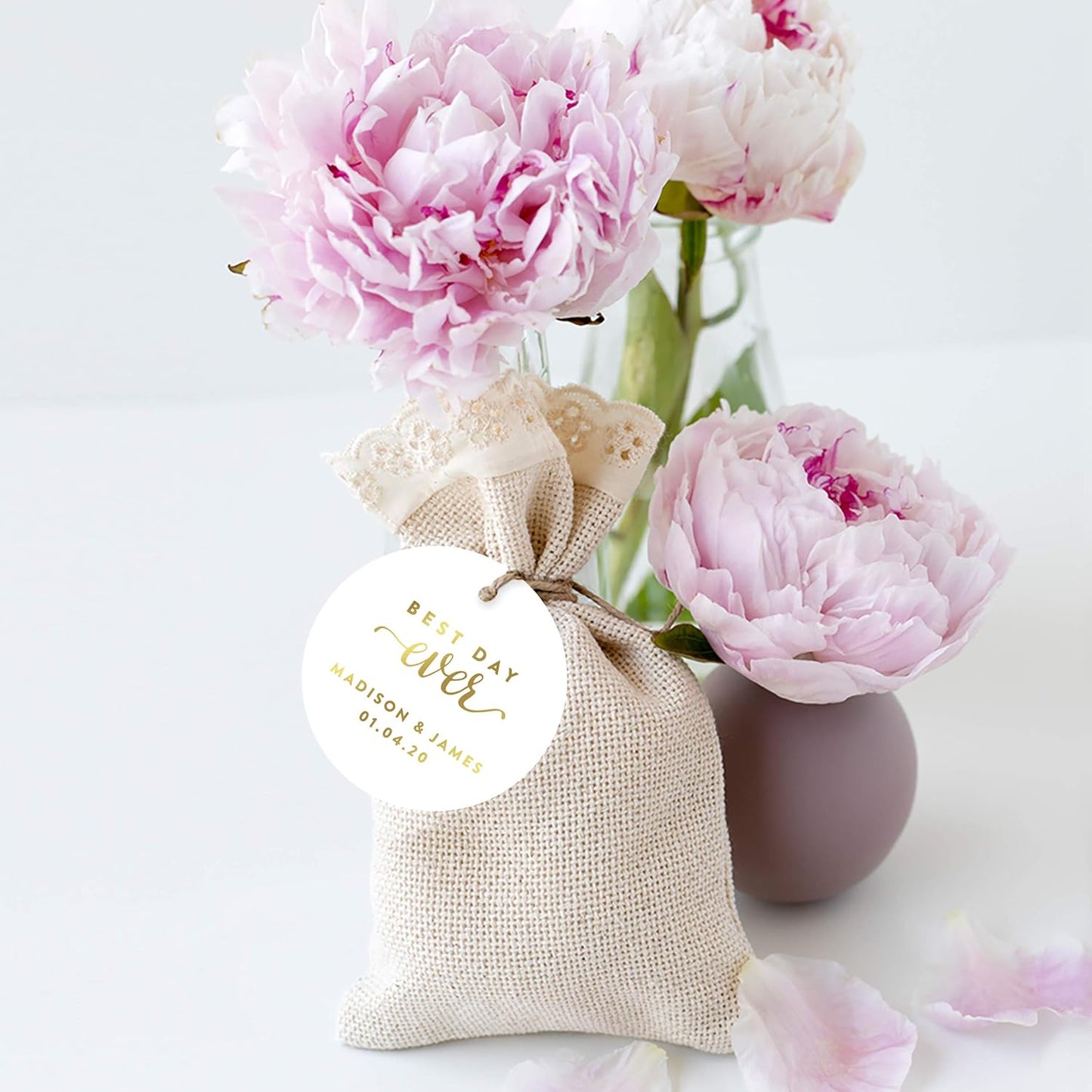 Andaz Press Personalized Round Circle Wedding Gift Tags, Metallic Gold Ink, Best Day Ever, 24-Pack, Custom Made Any Name