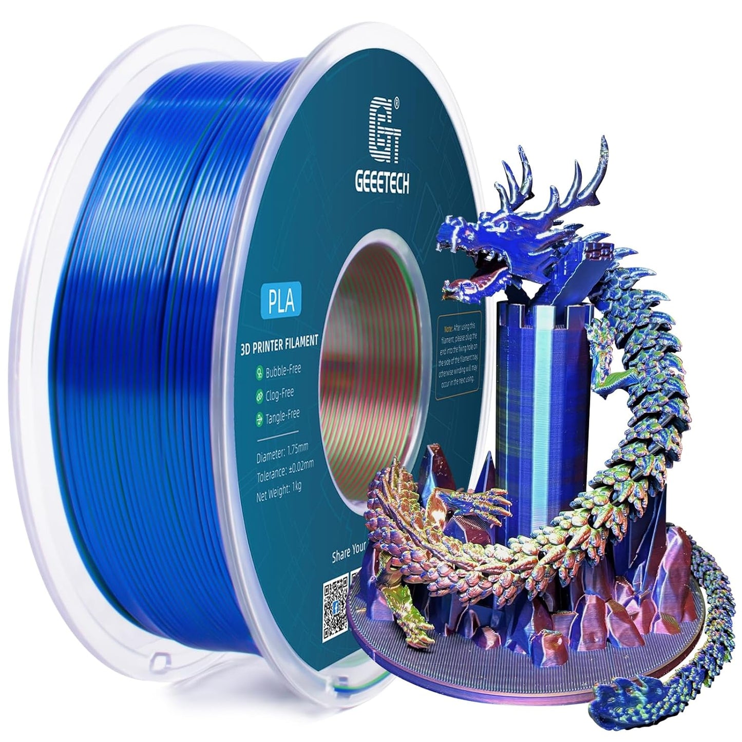 Geeetech Silk PLA Tri Color Filament 1.75mm 3D Printer Filament, Coextrusion Red Blue Green Tri-Colors Metal-Like Shiny Silk PLA Filament, 1kg (2.2lbs) 1 Spool, Dimensional Accuracy +/- 0.02 mm