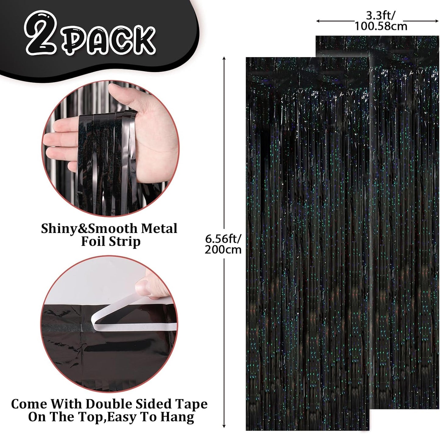 2 Pack Laser Black Tinsel Foil Fringe Curtains, Black Party Decorations, Metallic Tinsel Party Streamers Backdrop for Birthday Halloween Masquerade New Years Gatsby 1920s Party Decorations