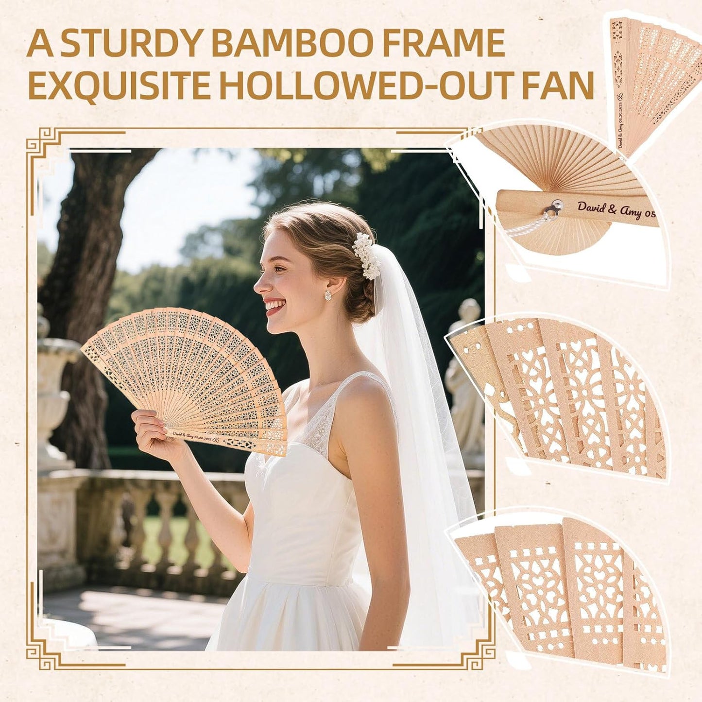 10pcs Personalized Wedding Fans for Guests - Custom Wooden Hand Fans with Names/Dates - Bulk Wedding Favors for Bridal Shower, Baby Shower & Parties (Wood, 10pcs)