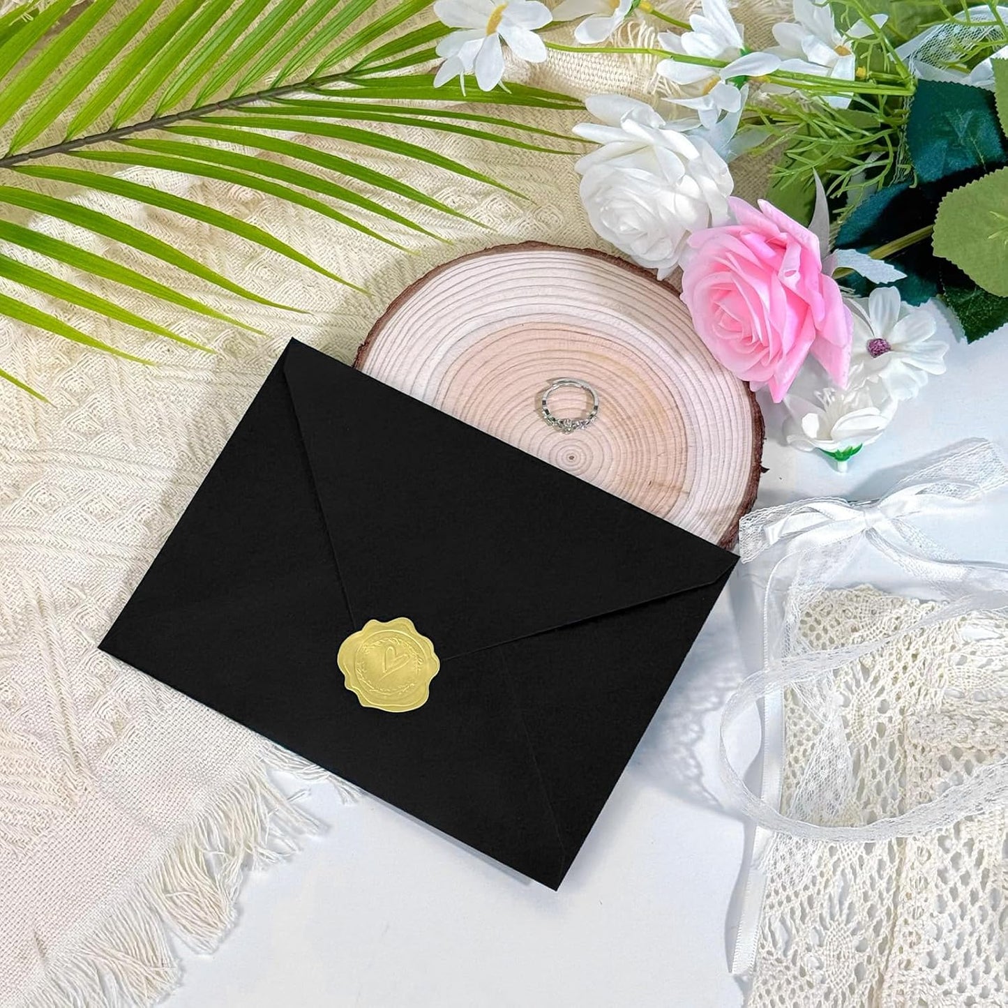 50 PCS Pearl Black A7 Envelopes with Stickers, Shimmering 5x7 Envelopes for Invitations, Great for Wedding Invitation Cards, Birthday RSVP, Graduation, Baby Shower 5.25 x 7.25 inches