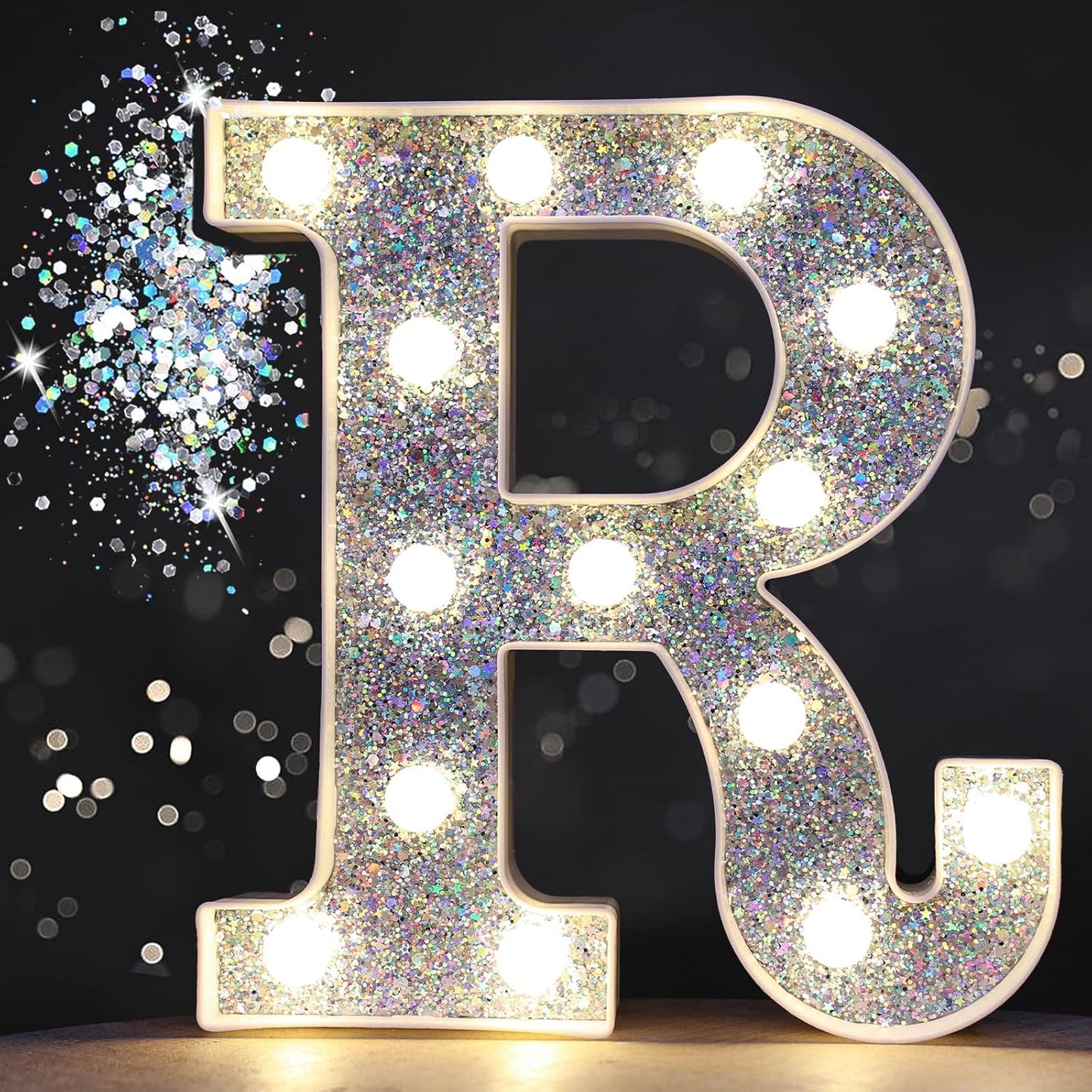 Pooqla Light Up Letters, LED Marquee Letters for Silver Birthday Decorations, Battery Powered Night Light Teenager Girl Room Decor, Gift for Girls Boys Wedding Bedroom Christmas Party Decor, Letter R