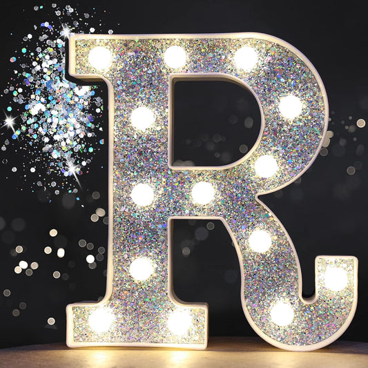 Pooqla Light Up Letters, LED Marquee Letters for Silver Birthday Decorations, Battery Powered Night Light Teenager Girl Room Decor, Gift for Girls Boys Wedding Bedroom Christmas Party Decor, Letter R
