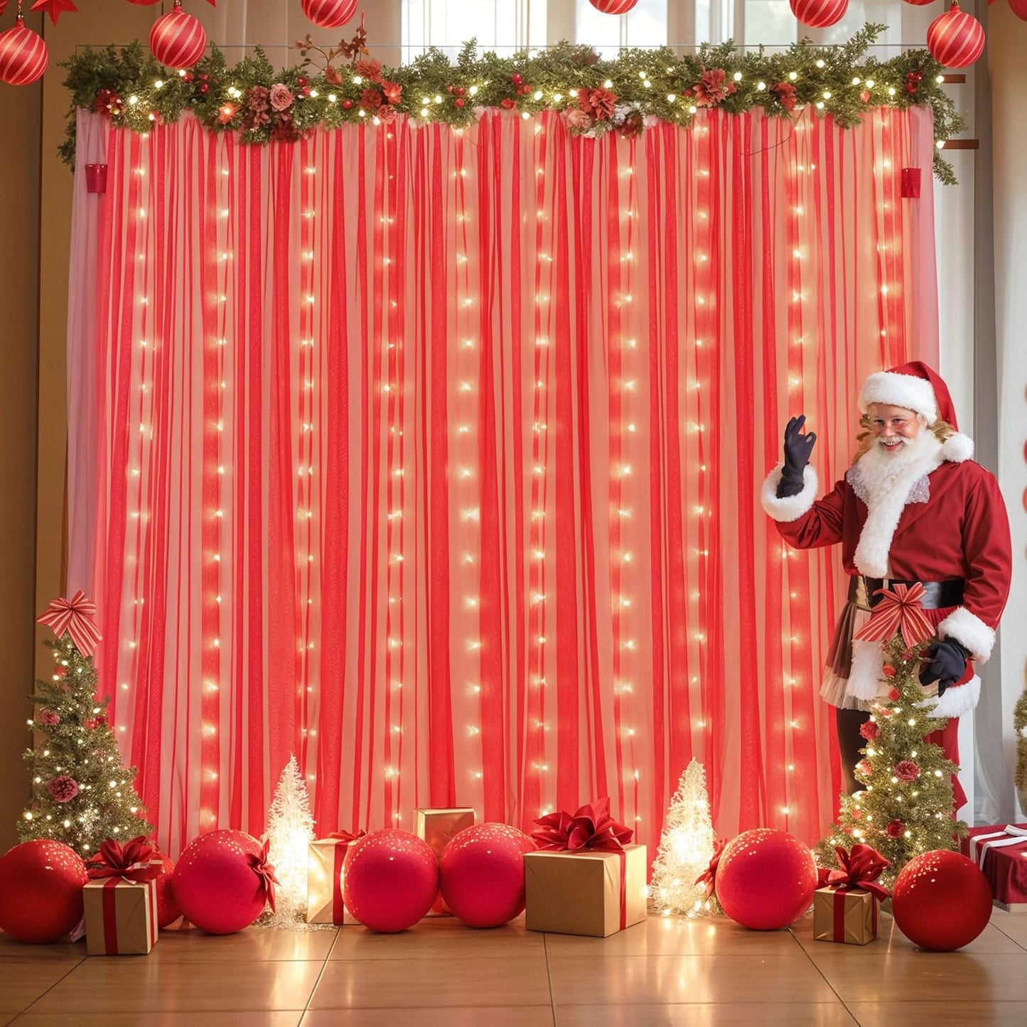 Red Tulle Backdrop Curtain with Lights String for Parites 10x10ft Wrinkle Free Sheer Backdrop Curtains for Birthday Party Bridal Shower Baby Shower Christmas Wall Photo Booth Background Decorations