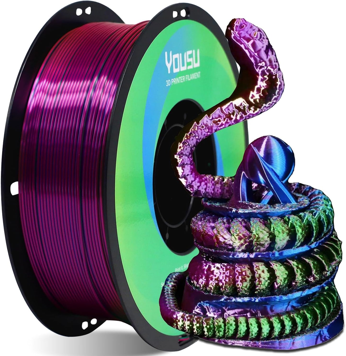 YOUSU Tri Color PLA 3D Printer Filament 1.75mm, Coextrusion Rainbow PLA Filament with Silk PLA Pink-Blue-Green, Multi Color 3D Printing Filament +/-0.02mm, 1kg/2.2lbs
