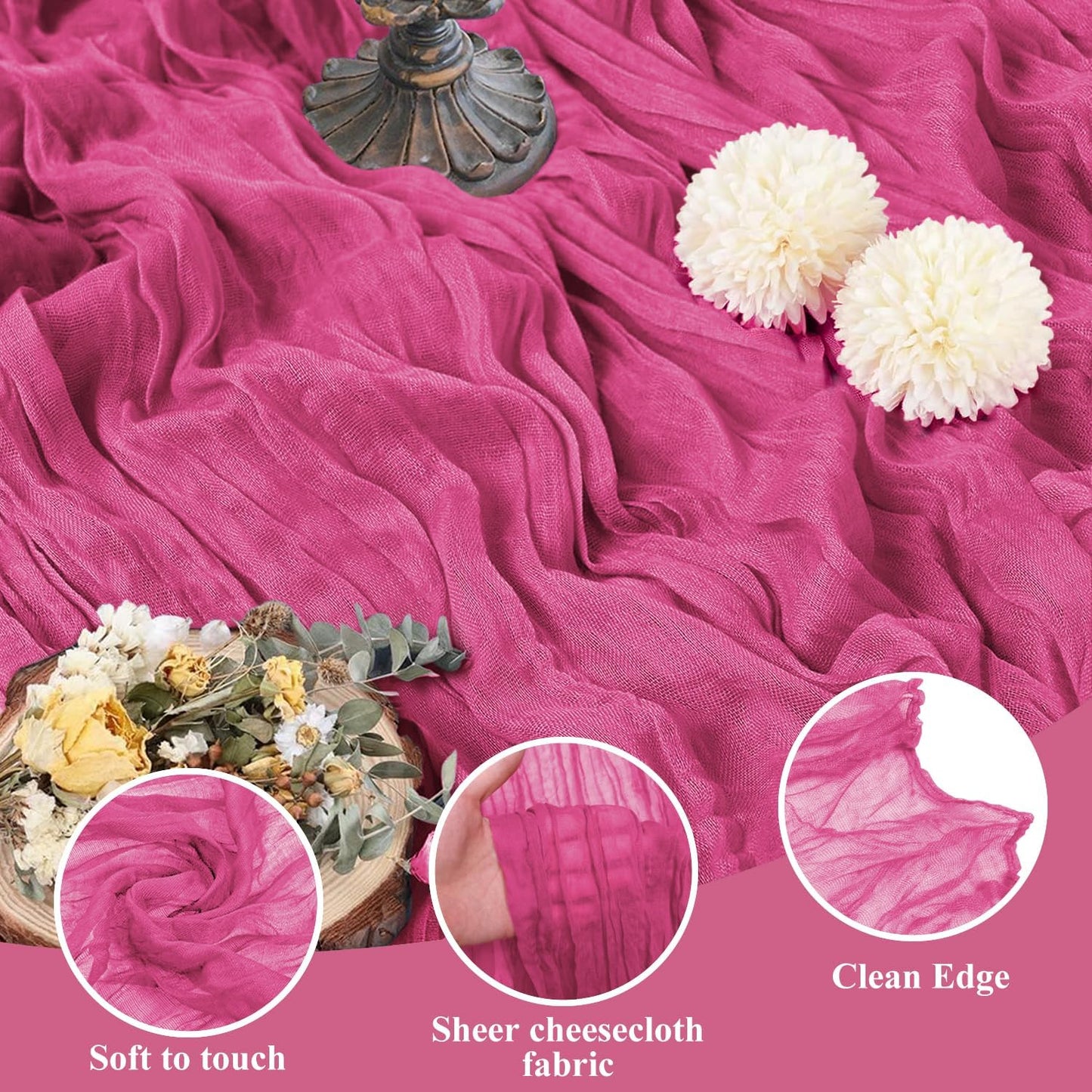 Asee'm 6pcs Cheesecloth Table Runner 120 Inches Long Deep Pink Boho Gauze Cheese Cloth Runner 10FT Rustic Sheer Table Runners for Christmas Wedding Party Baby Shower Spring Easter Decoration