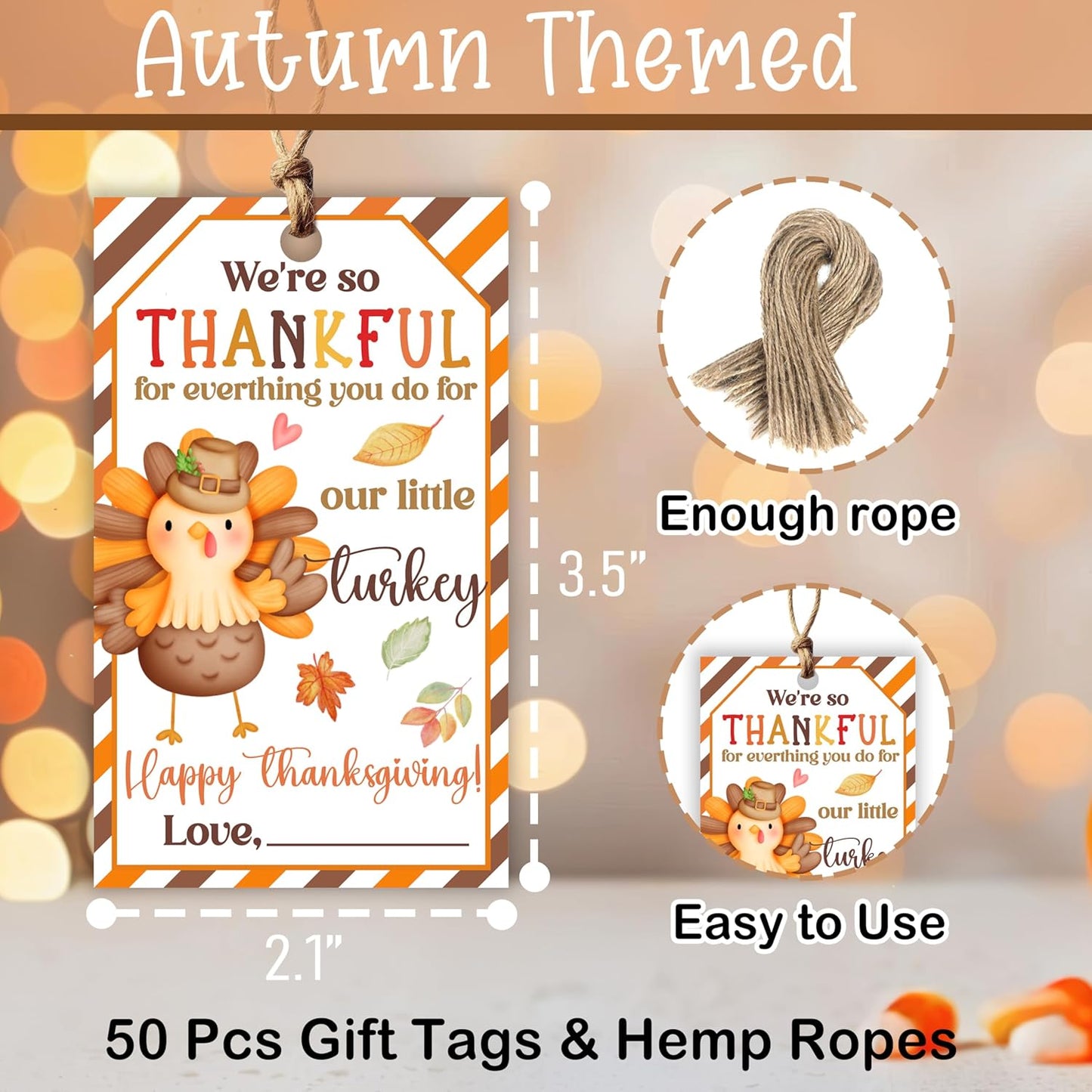 50 PCS Fall Gift Tags Thanksgiving Gift Tags with String, 2.1" x 3.5" Thanksgiving Design Present Label for Present Bags, Fall Party Favor Decorations, 4 Styles - A01