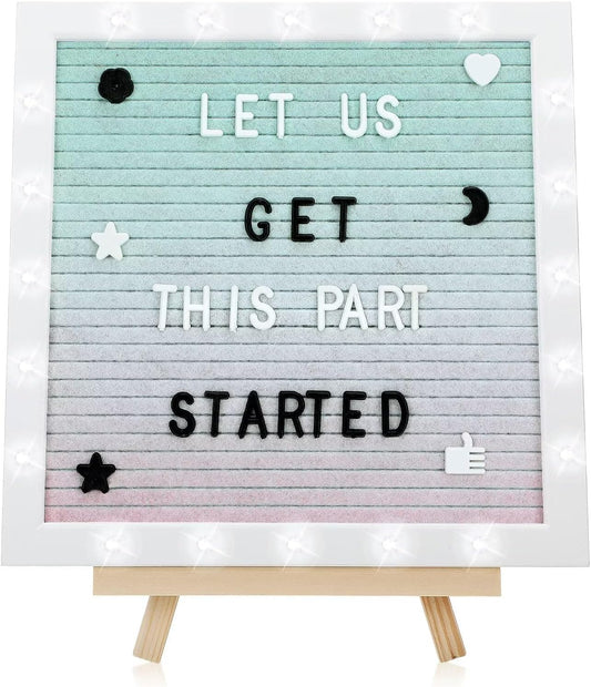 Light up Changeable Felt Letter Board Sign with LED Lights - 10×10" Message Board & Wood Stand & 450 Letters, for Halloween/Birthday/Event/Pregnancy/Baby Announcement/Home Wall Decor Gifts, Gradient