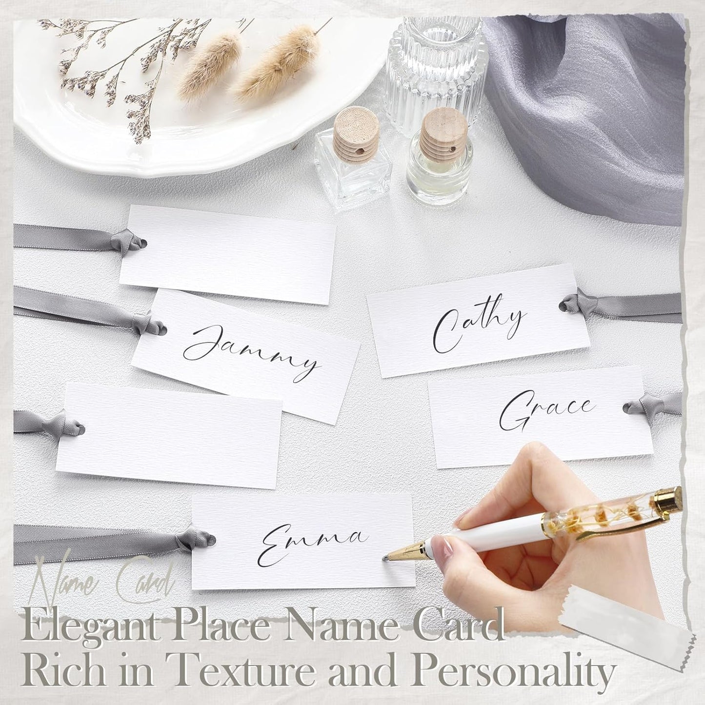 50 Pcs Name Place Cards for Table Setting Blank Wedding Place Cards with Satin Ribbon 1.57 x 3.54 Inch Hanging Gift Tags for Wedding Dinner Banquet Party Table Setting Supplies (Silver)