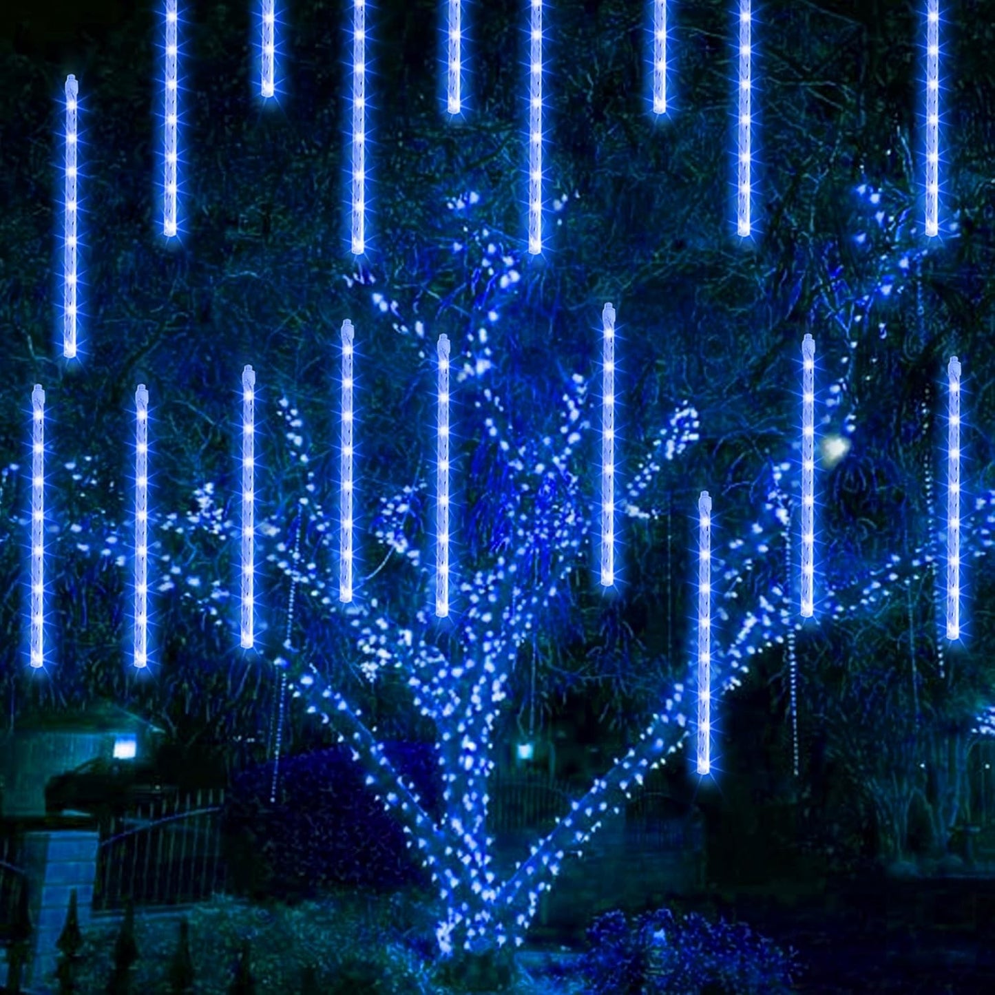 Dazzle Bright 1728 LED Christmas Light, Meteor Shower Rain Lights 11.8 Inch 48 Tubes, Waterproof Plug in Falling Rain Lights Decorations for Xmas Tree Yard Party (Blue)