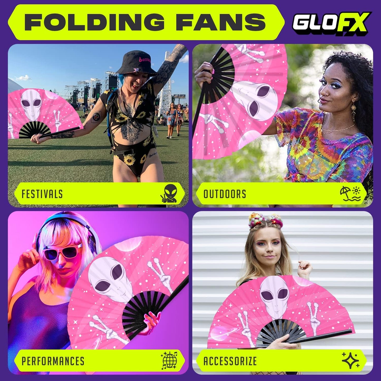 GloFX Rave Fan - Pink Alien - Large Folding Fan -Large Folding Fan for Rave Essentials, Festival Fans, and Alien Accessories - Hand Held Fan for Festival Outfits & EDM Vibes