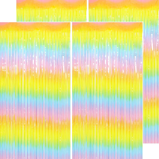 Easter Decorations Pastel Rainbow Streamers - Thicken 4 Pack 3.2 x 8.2 FT - Pastel Rainbow Foil Fringe Curtains, Pastel Backdrop for Birthday, Baby Shower, Spring Party Decorations