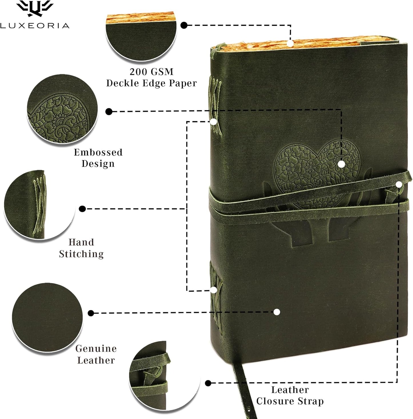 LUXEORIA Heart Journal for Women and Men, Handcrafted Leather Journal for Writing Womens, Sketchbook, Travel Diary with Unlined Deckle Paper, Dark Green 8x13