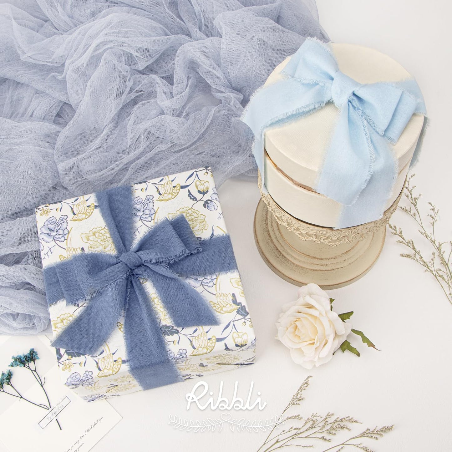 Ribbli 3 Rolls 1.5 Inch x 18Yards Light Blue Baby Blue Dusty Blue Handmade Cotton Frayed Fringe Ribbons for Gift Wrapping Wedding Invites Bridal Bouquets Baby Shower DIY Crafts Home Decor