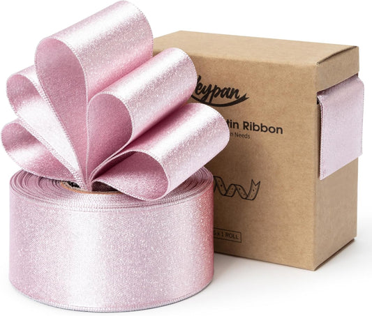 Light Pink Satin Ribbon for Valentines Day 1-1/2 Inch Double-Faced Wide Wired Sliver Glitter Ribbons for Wreath Christmas Tree Decoration Gift Wrapping, Home Decor 10 Yards