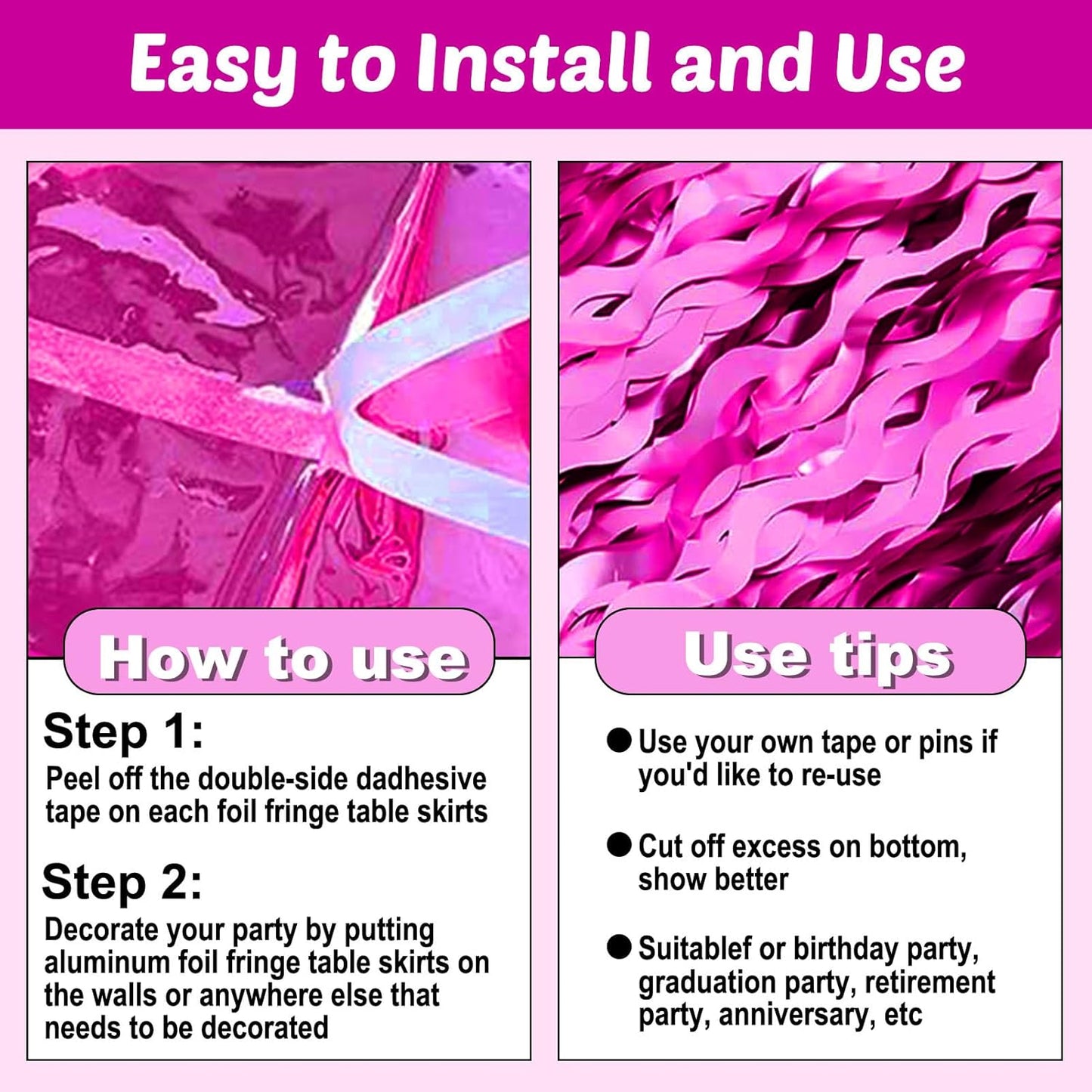 6 Pack 29x108 Inch Rose Red Wave Foil Fringe Table Skirts Metallic Banner for Tinsel Streamer Garland Backdrop for Parade Floats Wedding, Mother's Day, Birthday Mardi Gras Party Decorations