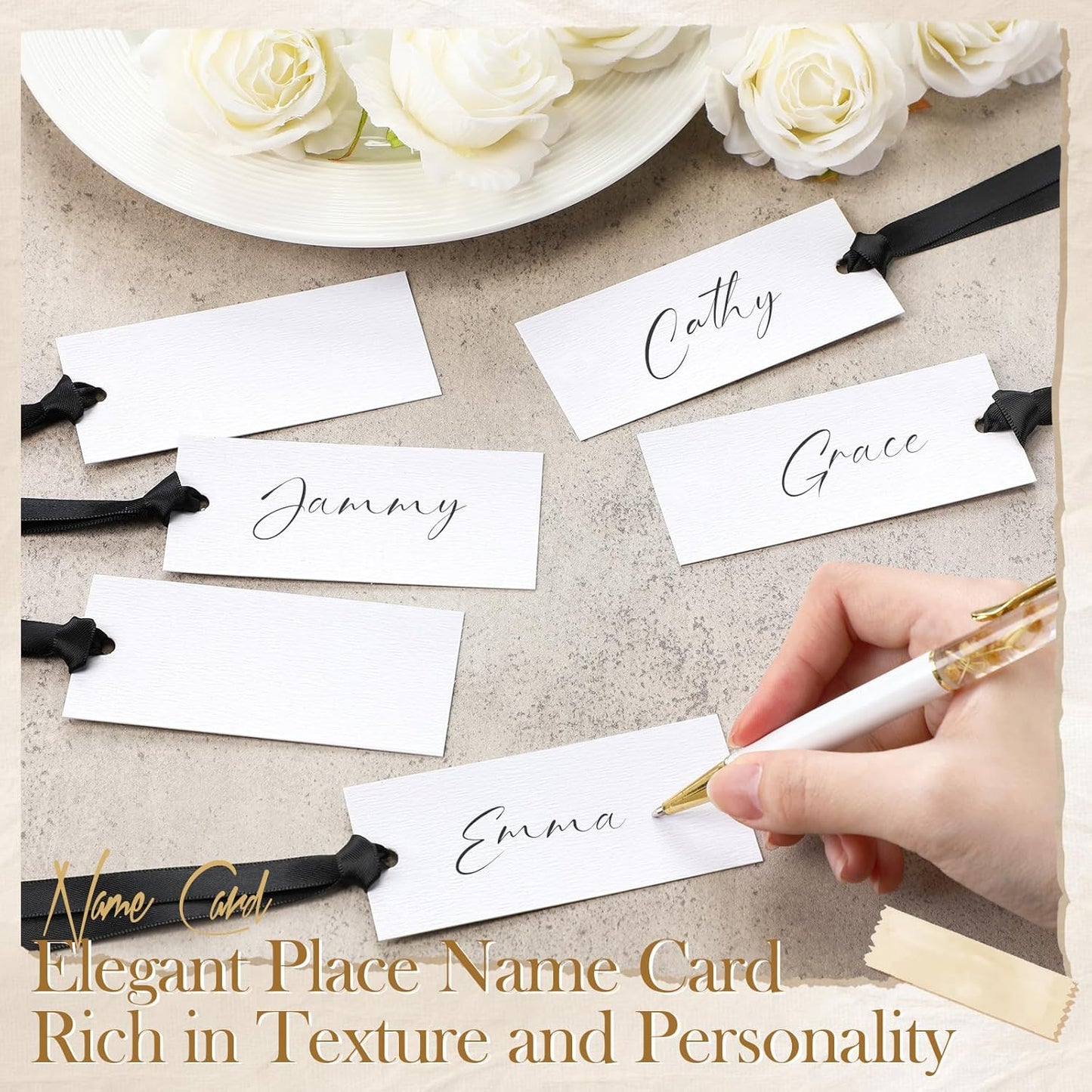 50 Pcs Name Place Cards for Table Setting Blank Wedding Place Cards with Satin Ribbon 1.57 x 3.54 Inch Hanging Gift Tags for Wedding Dinner Banquet Party Table Setting Supplies (Black)