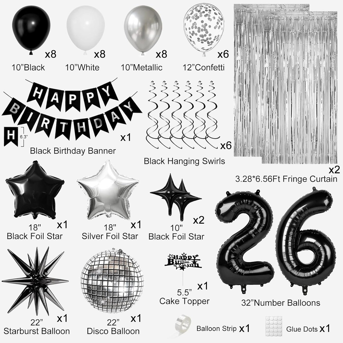 26th Birthday Decorations for Men Women, Black Silver Happy Birthday Party Decorations， 26 Year Old Party Supplies with Number 26 Balloons, Banner, Fringe Curtains Kit