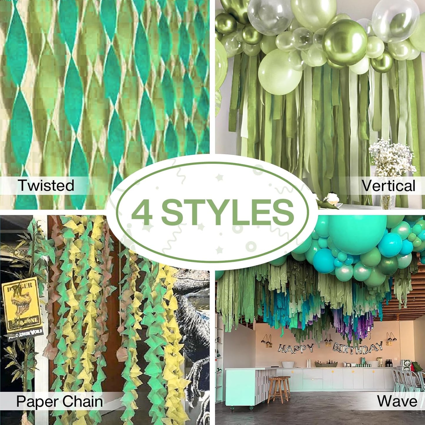 PartyWoo Crepe Paper Streamers 4 Rolls 328ft, Pack of Crepe Paper Kiwi Green Party Streamers, Crepe Paper for Birthday Decorations, Party Decorations, Baby Shower Decorations (1.8 in x 82 Ft/Roll)