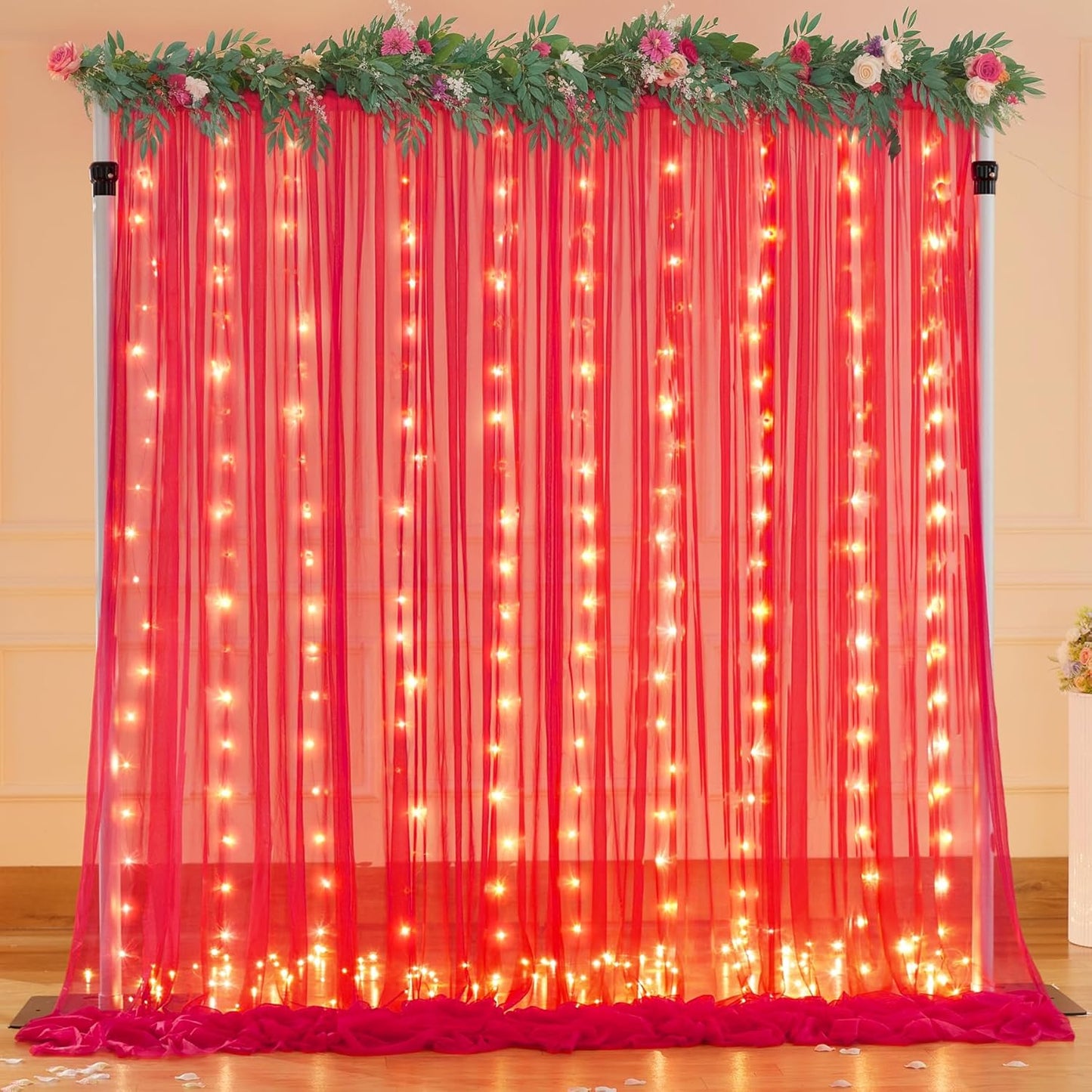 20×10ft Red Tulle Backdrop Curtain with Lights for Parties, Sheer Photo Backdrop Curtains for Wedding Party Photography Background