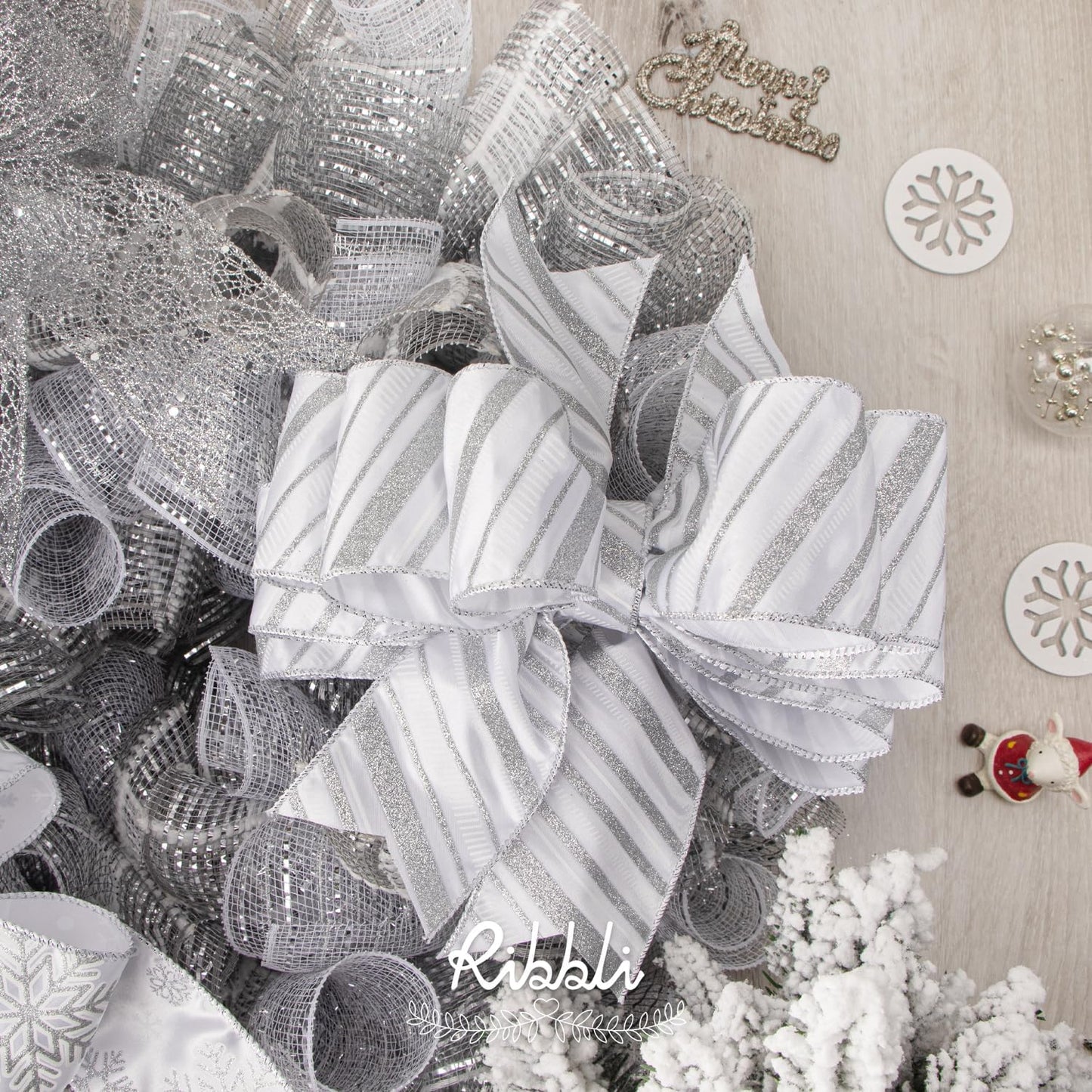 Ribbli 2 Rolls Silver Mesh Ribbon,10 inch x 30 feet(10Yard) Each Roll,Metallic Lt.Silver with Wide Silver Foil,Valentine's Day Ribbon for Wreath Swags and Decorating