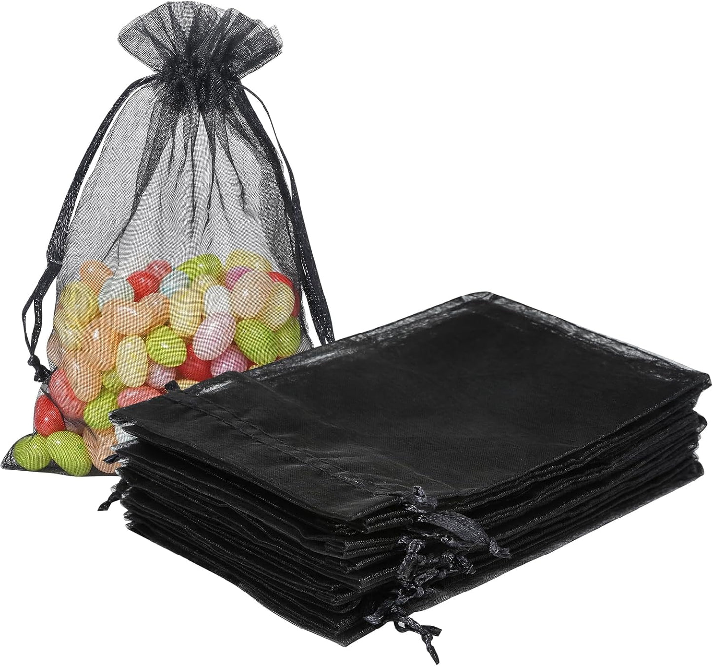 50PCS Sheer Organza Bags, Wedding Favor Bags with Drawstring, 4x6 inches Jewelry Gift Bags for Party, Jewelry, Festival, Makeup (Black)