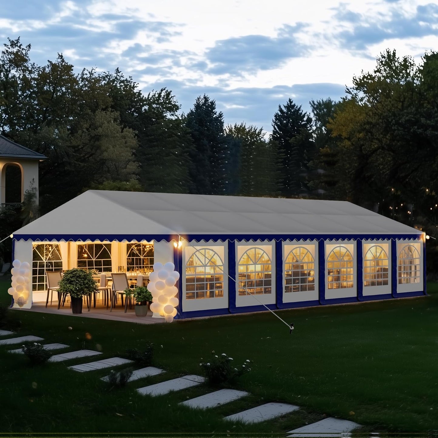 PHI VILLA 40 ft. x 20 ft. Large Outdoor Canopy Wedding Party Tent with Removable Side Walls & 7 Storage Bags, White with Blue Stripes