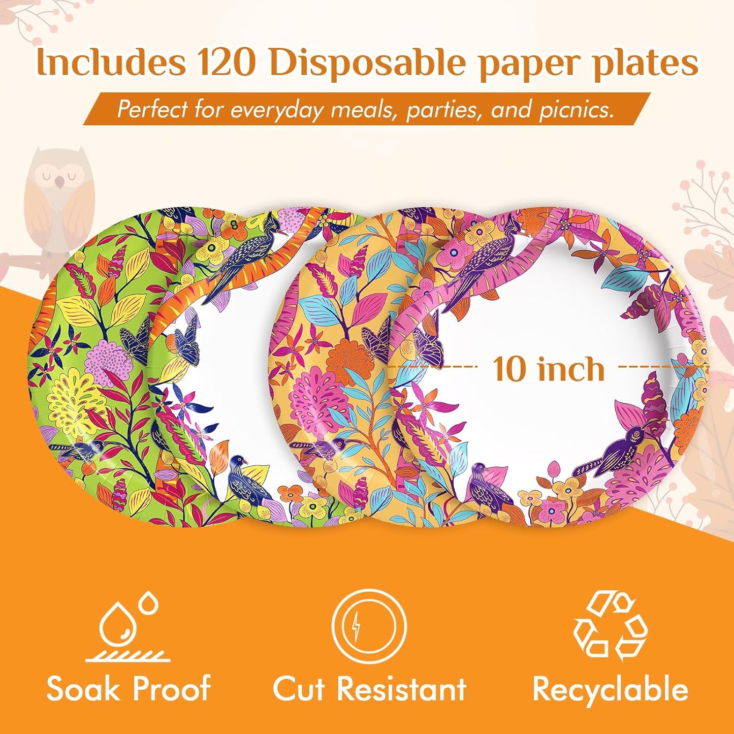 MUCHII 10 Inch Paper Plates 120 Count, Elegant Floral Bird Design Disposable Floral Plates for Wedding, Party, Dinner, Holiday - 4 Vintage Colors (30 Each)