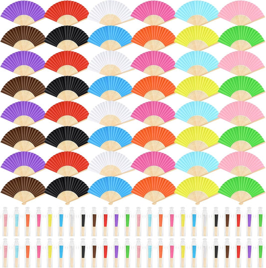 48 Pieces Hand Held Bamboo Folding Fans Paper Fans Handheld for Women Foldable Girls Wedding Decoration Church Home Party Favors Summer (Multicolor)