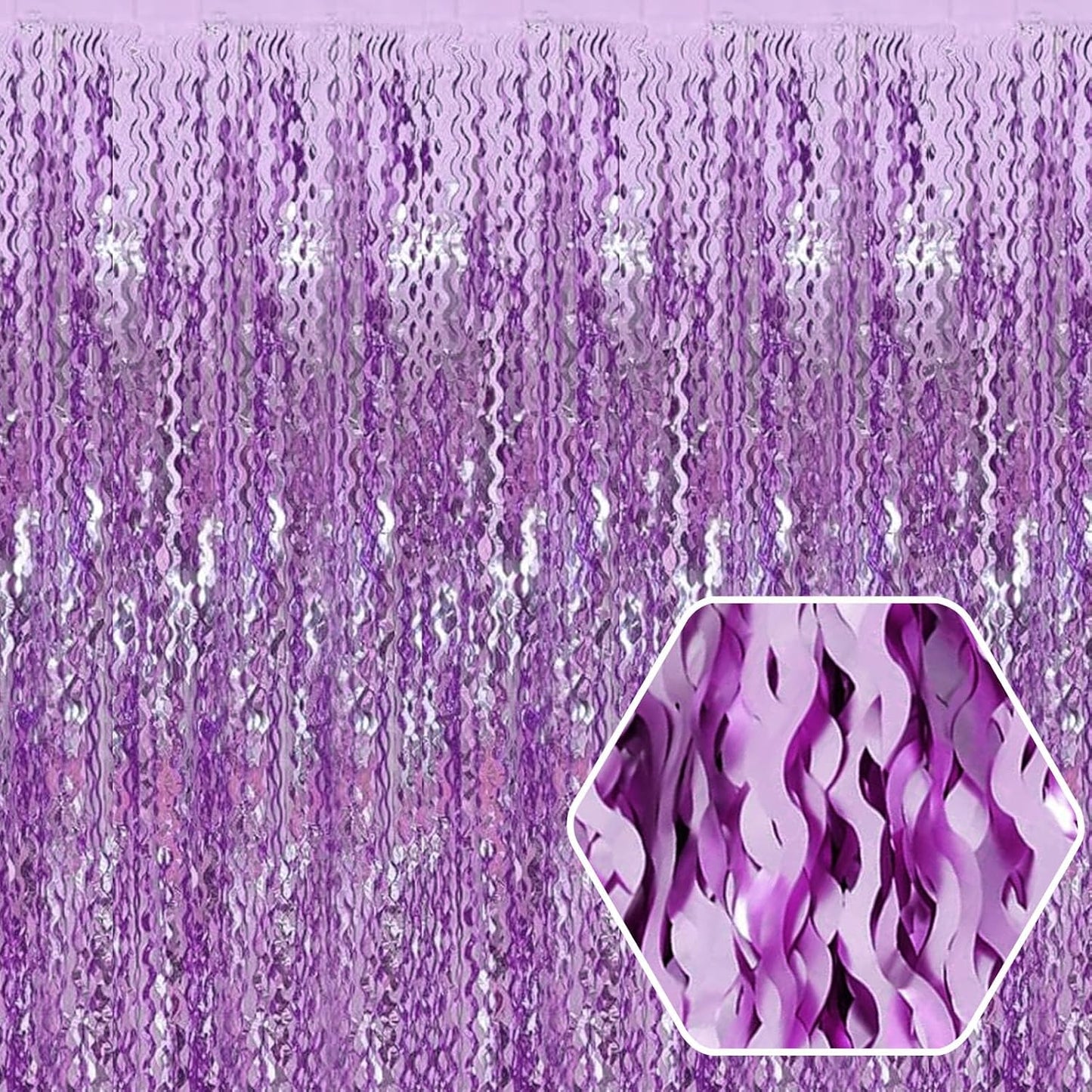 4 Pack Light Purple Wave Foil Fringe Curtain Backdrop, 3.28Ft x 8.2Ft Metallic Tinsel Foil Fringe Streamer Curtains for Photo Booth, Mother's Day, Easter, Birthday, Wedding Party Decoration