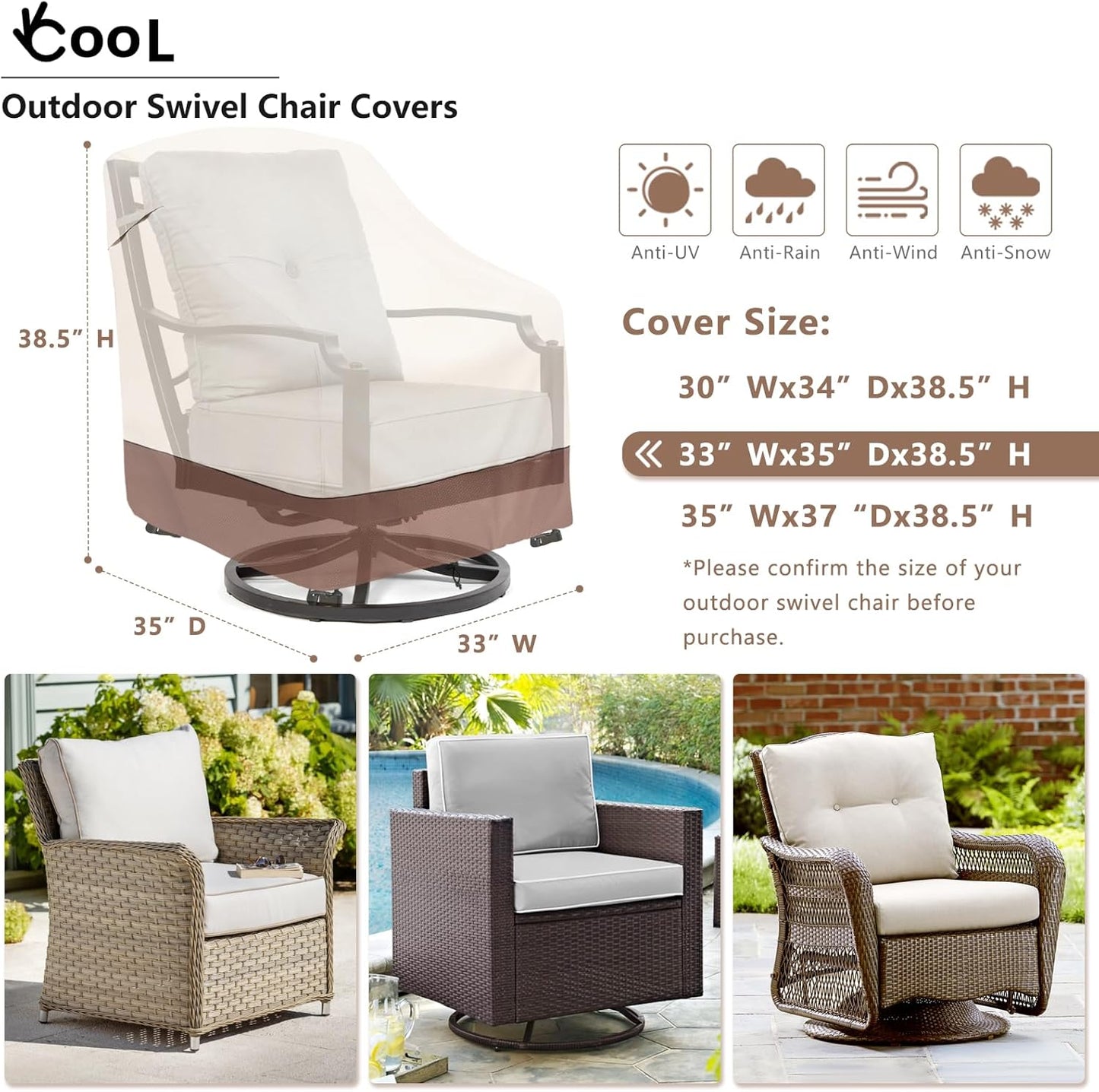Outdoor Swivel Chair Cover 2 Pack,Outdoor Furniture Patio Chair Covers Waterproof Clearance,(33"W x 35"D x 38.5"H) Outdoor Lawn Patio Furniture Covers,Beige & Brown