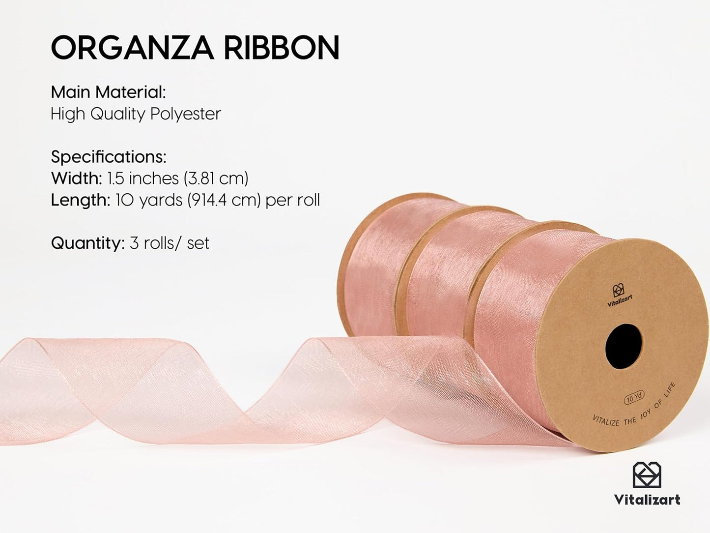 Vitalizart Pink Organza Ribbon 1.5" x 30 Yd Rose Gold Sheer Ribbons for Gift Wrapping Crafts Christmas Party Decor Bows Wedding Invitations Wreaths Bouquet
