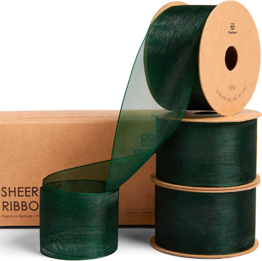Vitalizart Green Organza Ribbon 1.5" x 30 Yd Sheer Ribbons Dark Green for Christmas Decor Gift Wrapping Crafts Bows Wedding Invitations Wreaths Bouquet