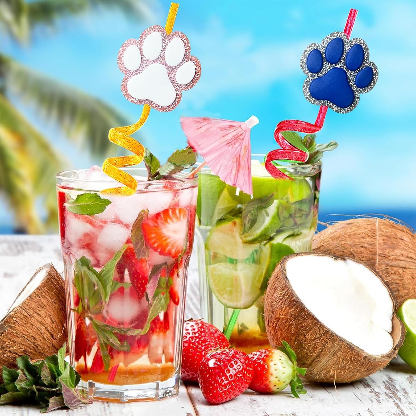 24 Glitter Paw Glitter Straws Birthday Party Decorations With 2pc Cleaning Brush for Pet Dog Puppy Pals Cat Birthday Party Decorations Supply Favors Reusable Straws