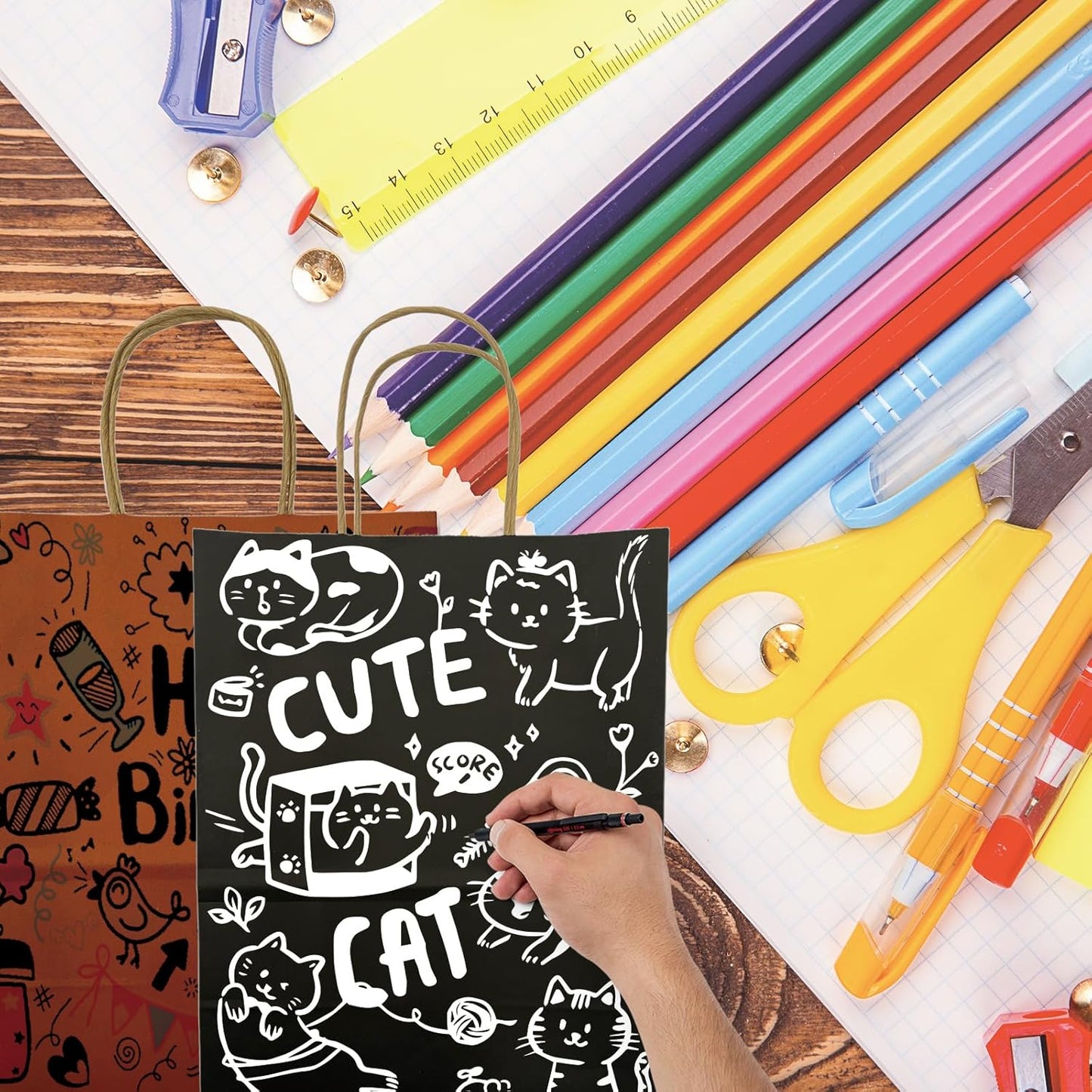 BAG BOX 100 Pack Medium 8.25x4.3x10.6 Inch Black Kraft Paper Gift Bags with Handles for Bulk Shopping, Retail, Craft, Party Favors, Wedding, Grocery & Sacks