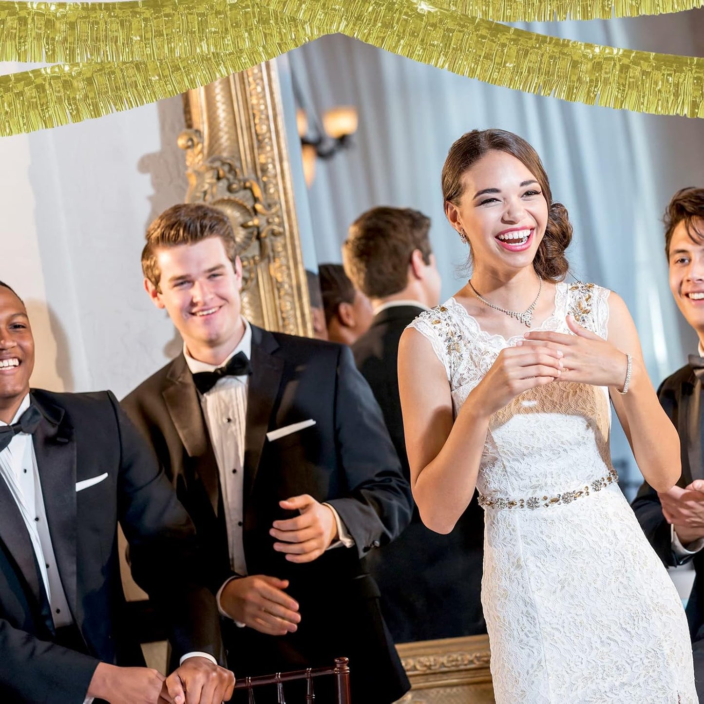 6 Pack 10 Feet Foil Fringe Garland Metallic Tinsel Streamers Banner Wall Hanging Curtain Backdrop Banner for Parade Floats, Thanksgiving, Christmas, Birthday, Halloween Party Decorations(Light Gold)