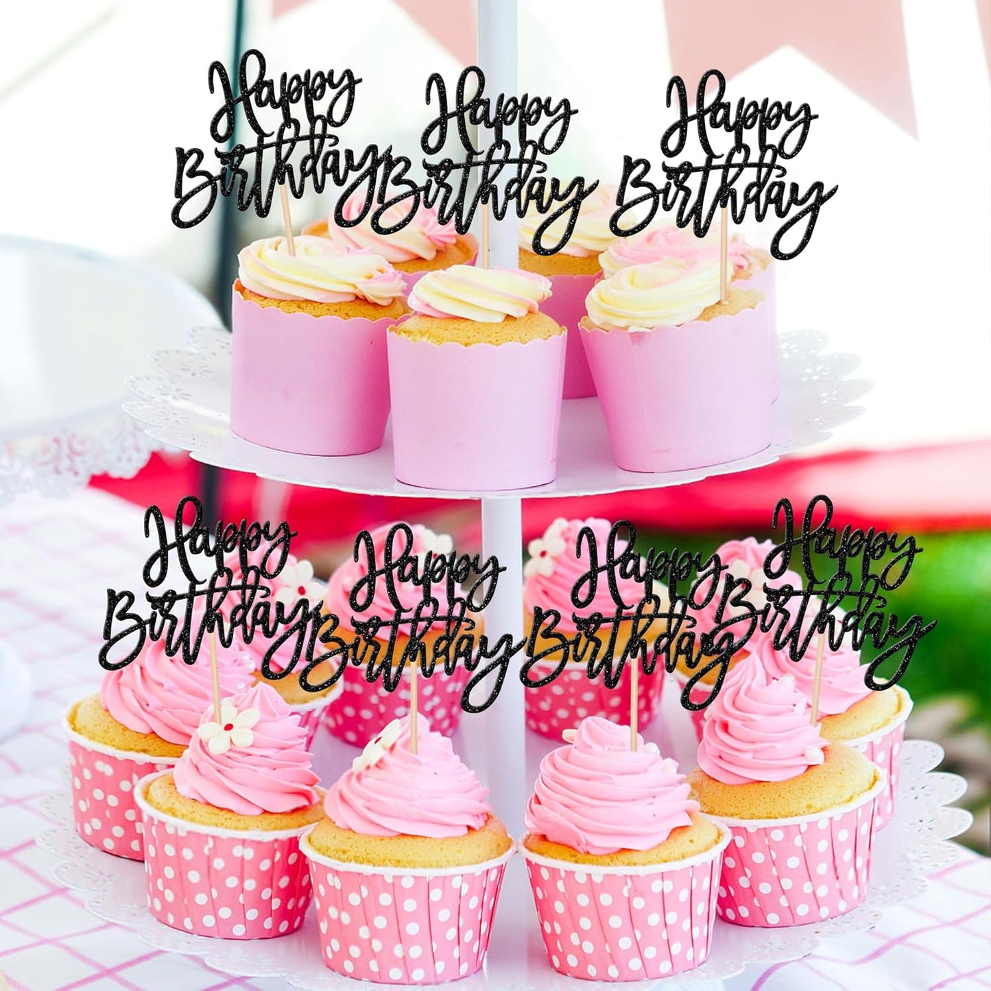 24 PCS Glitter Cupcake Toppers - Happy Birthday & Anniversary Cake Decorations - Black