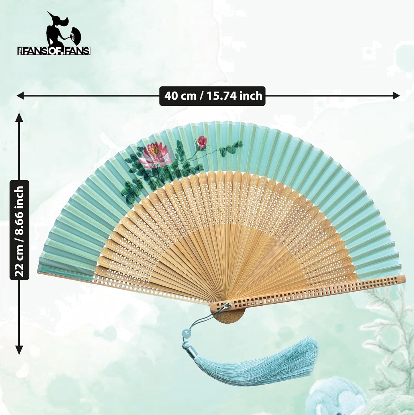 FANSOF.FANS Premium Floral Silk Fabric Border Handheld Folding Fan with Grade A Bamboo Ribs for Women Girls Event Birthday Wedding Favour with Tassel (Single Flower Border - Turqoise)