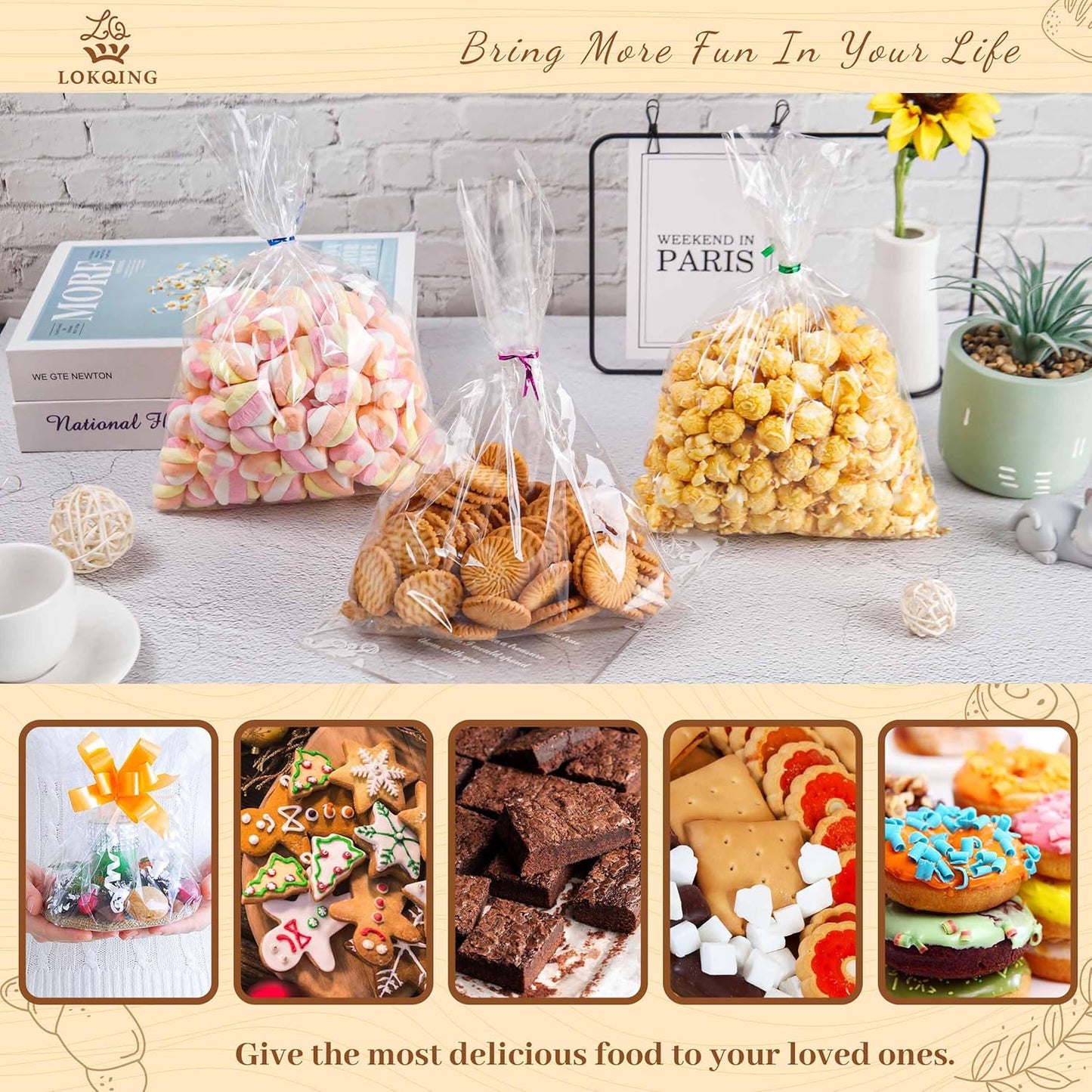 LOKIQNG Cellophane Bags Plastic Gift Bag Clear Cookie Treat Bags with Twist Ties for Party Favor Bag(200 Pack, 8x11inch)
