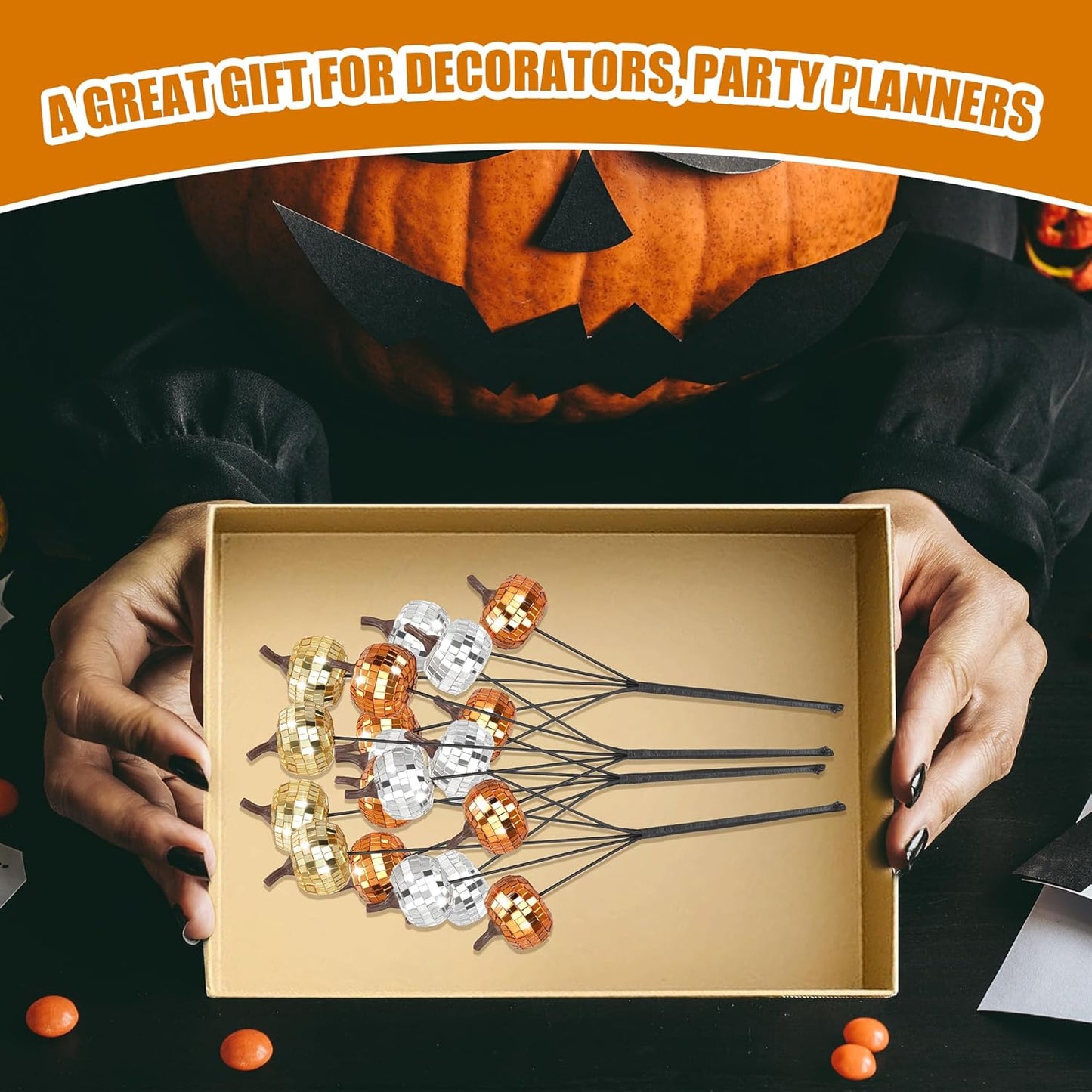 20Pcs Disco Halloween Decor, Disco Pumpkin Table Decoration, 14 Inch Artificial Glitter Mirror Pumpkin Sticks Ornament Halloween Thanksgiving Branches for Table Centerpiece Party Decor